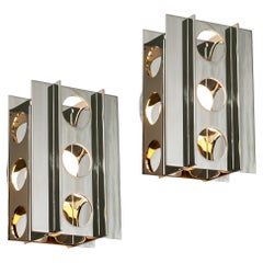 Pair, Tenfold 3T Wall Sconce Polished Nickel, Brutalist Perforated Wall Light