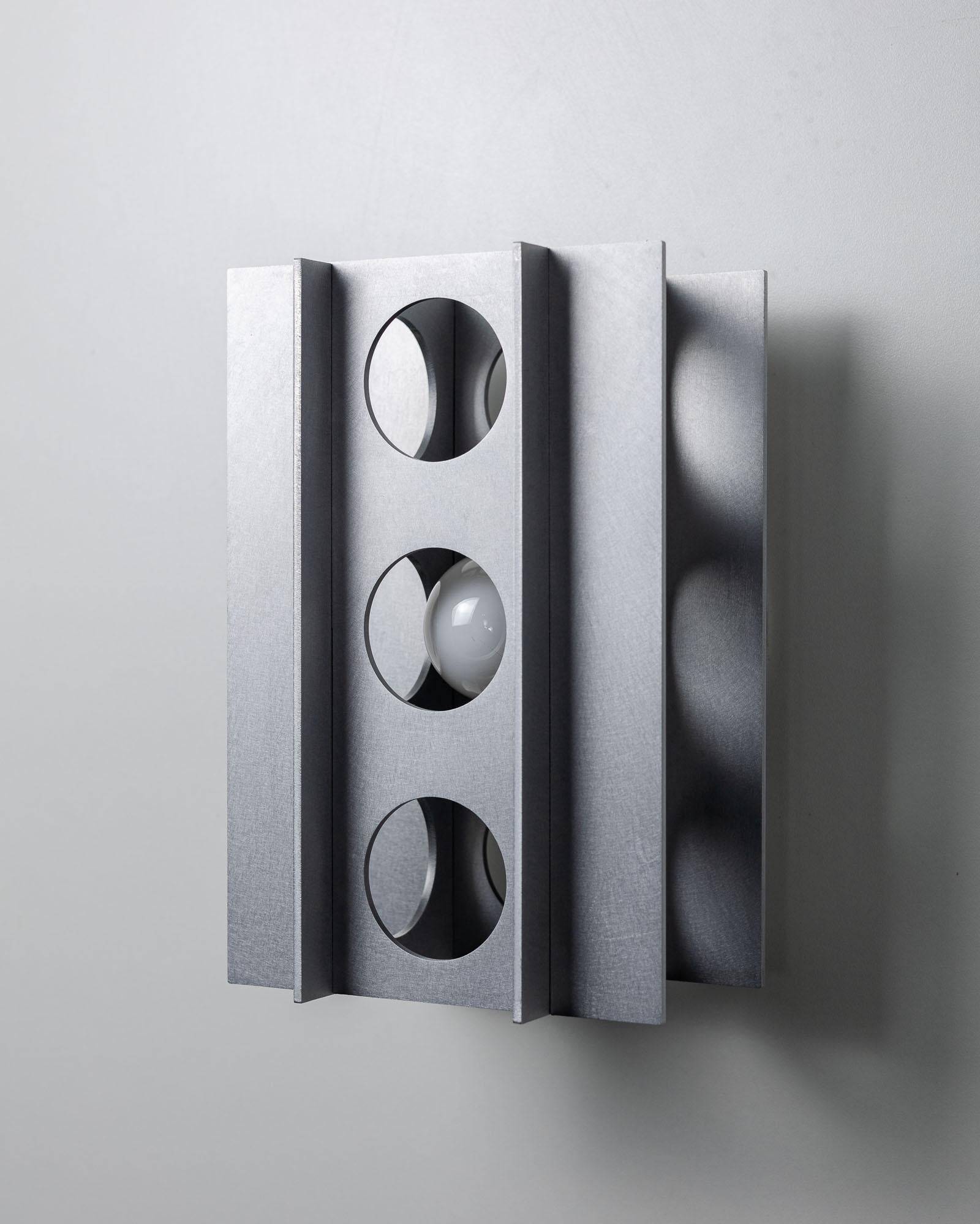 Modern Pair, Tenfold 3T Wall Sconce Satin Aluminum, Brutalist Perforated Wall Light For Sale
