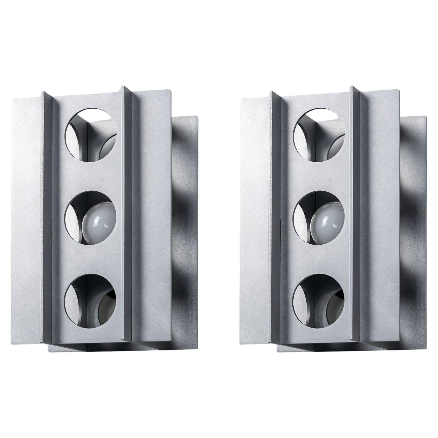 Pair, Tenfold 3T Wall Sconce Satin Aluminum, Brutalist Perforated Wall Light