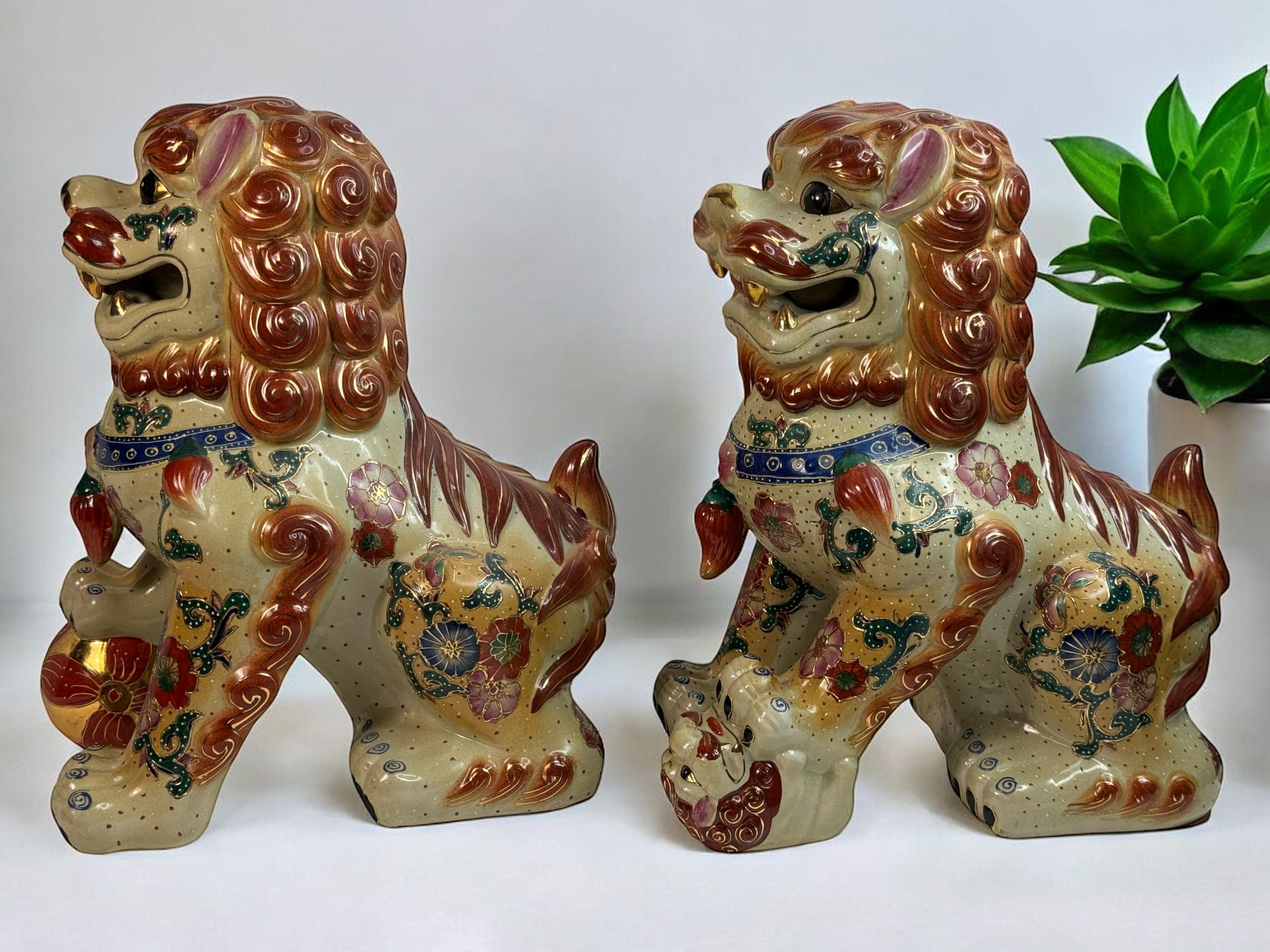 German Pair Terracotta Ceramic Foo Dog Garden Home Statues, Sculptures from the 1960s For Sale