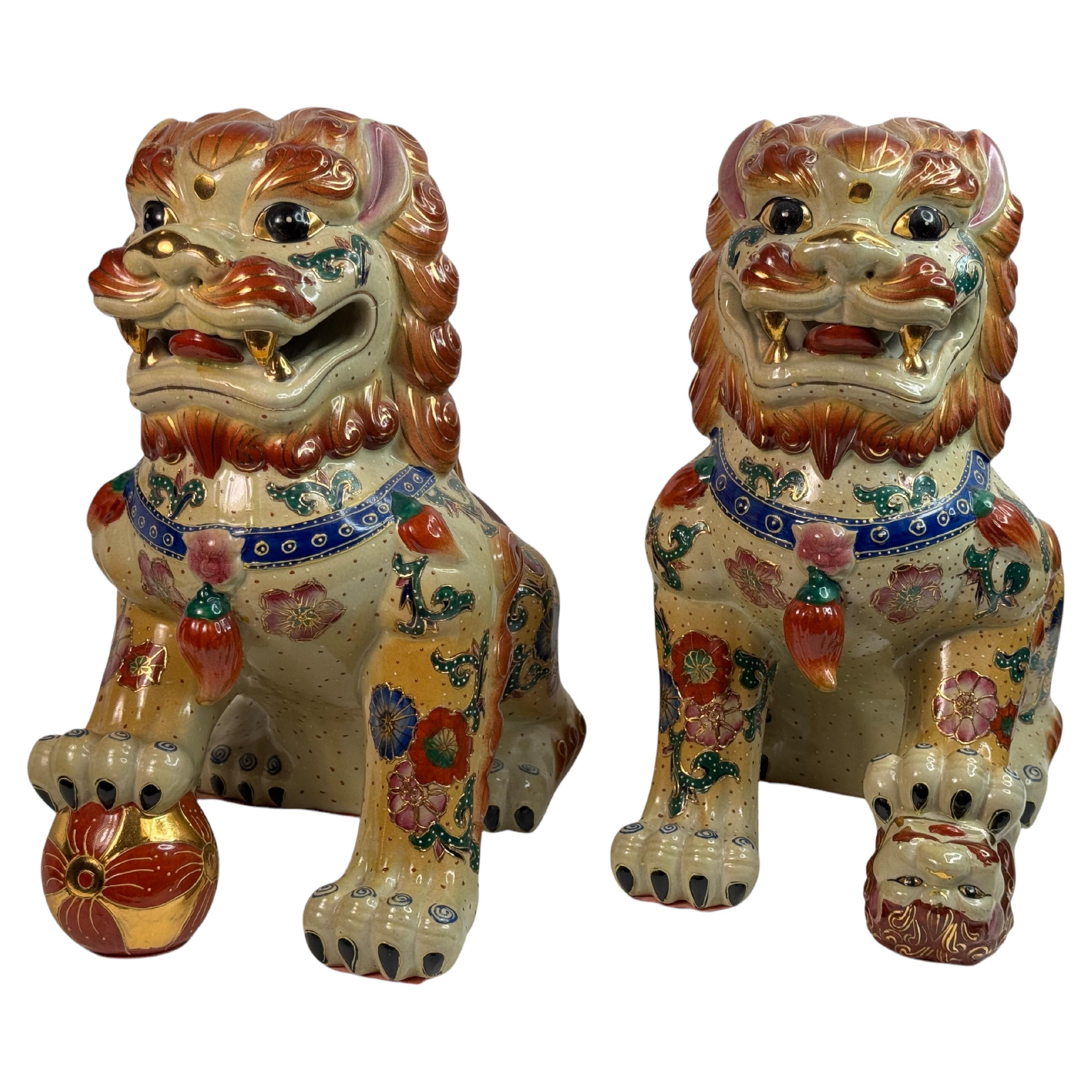 Pair Terracotta Ceramic Foo Dog Garden Home Statues, Sculptures from the 1960s For Sale