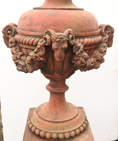 Pair Terracotta Garden Urn Stands Rams Head Finial Classical