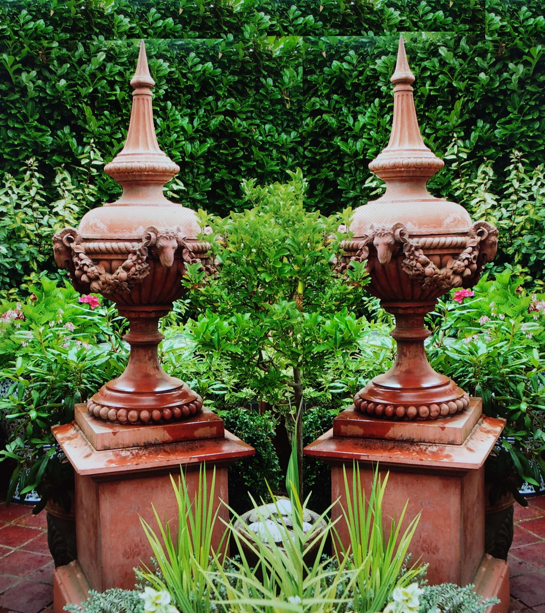 Pair Terracotta Garden Urn Stands Rams Head Finial Classical In Good Condition For Sale In Potters Bar, GB