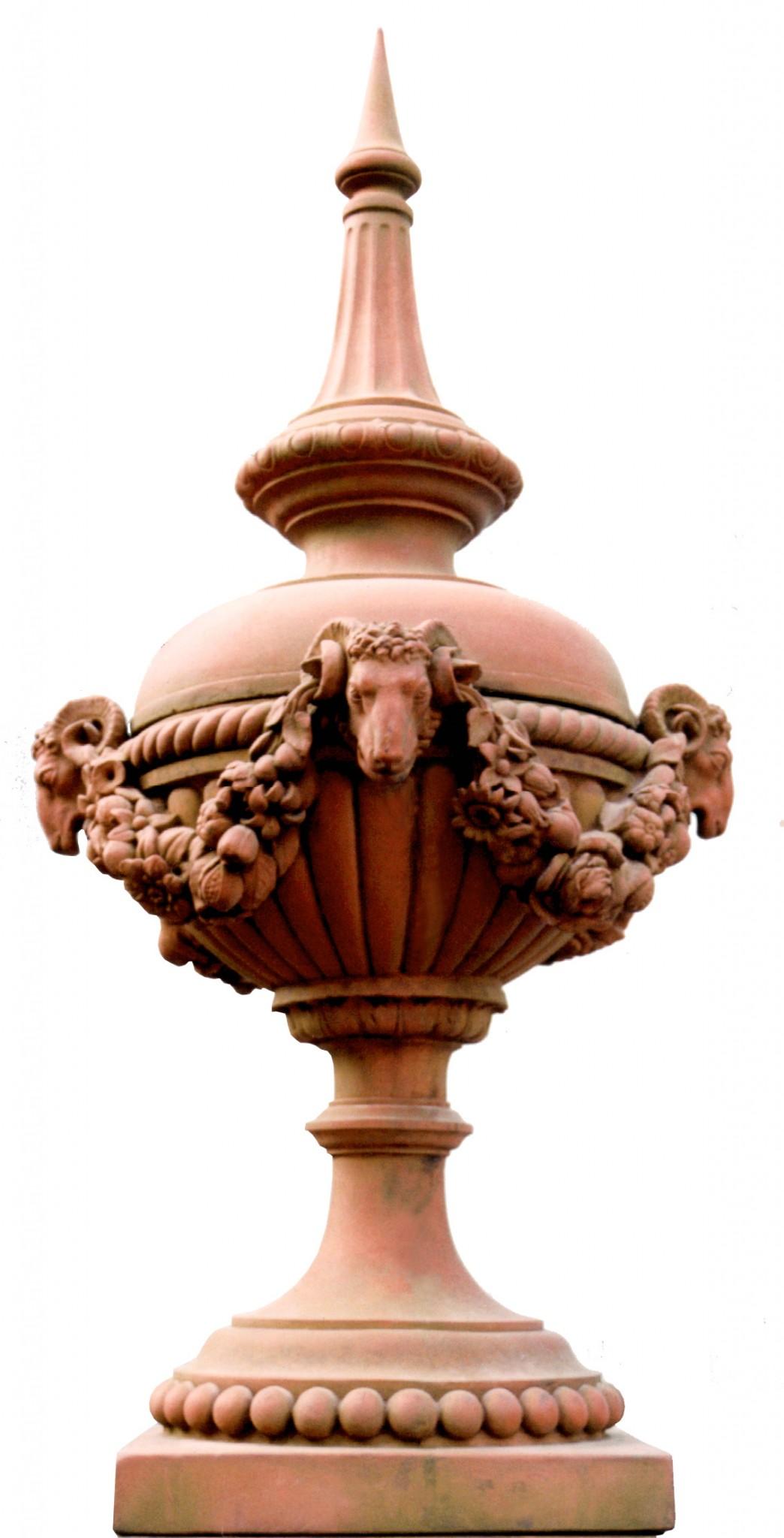 Late 20th Century Pair Terracotta Garden Urn Stands Rams Head Finial Classical For Sale