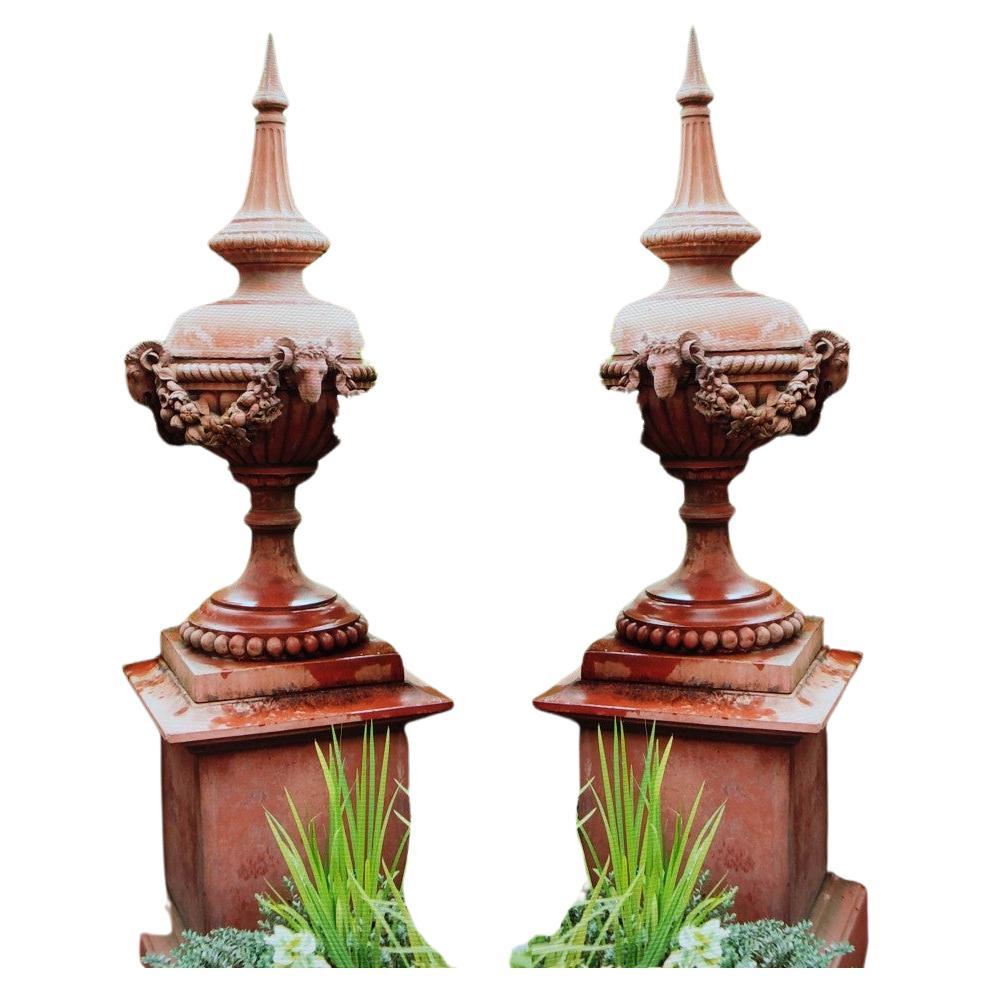 Pair Terracotta Garden Urn Stands Rams Head Finial Classical For Sale