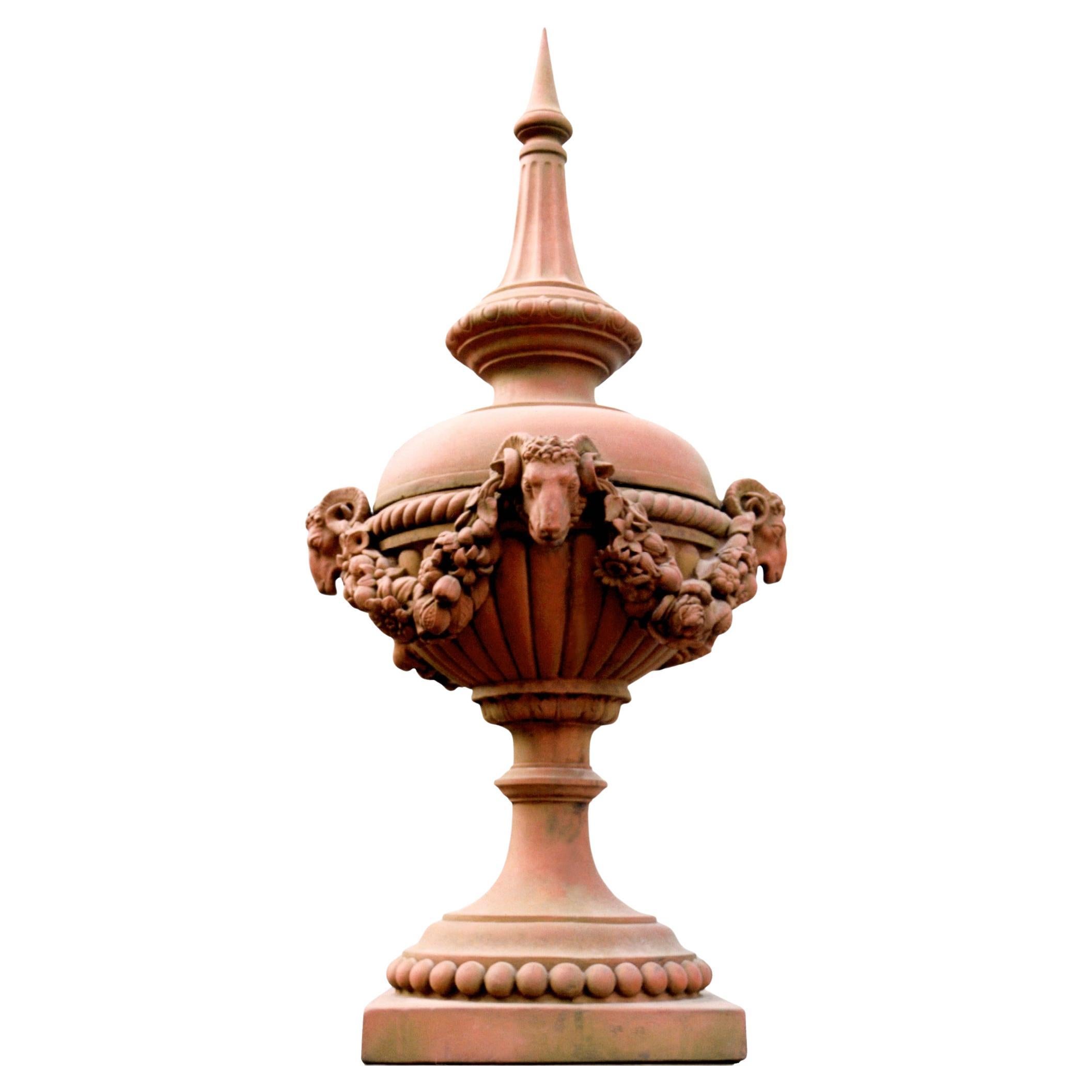 Pair Terracotta Garden Urn Stands Rams Head Finial Classical For Sale