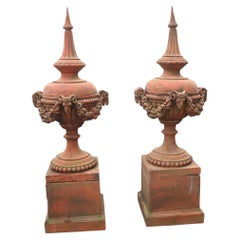 Pair Terracotta Garden Urn Stands Rams Head Finial Classical