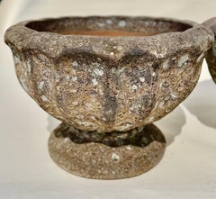 Pair Terracotta Garden Urns, Lobed Campana Form, Weathered Patinated Appearance