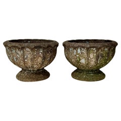 Pair Terracotta Garden Urns, Lobed Campana Form, Weathered Patinated Appearance