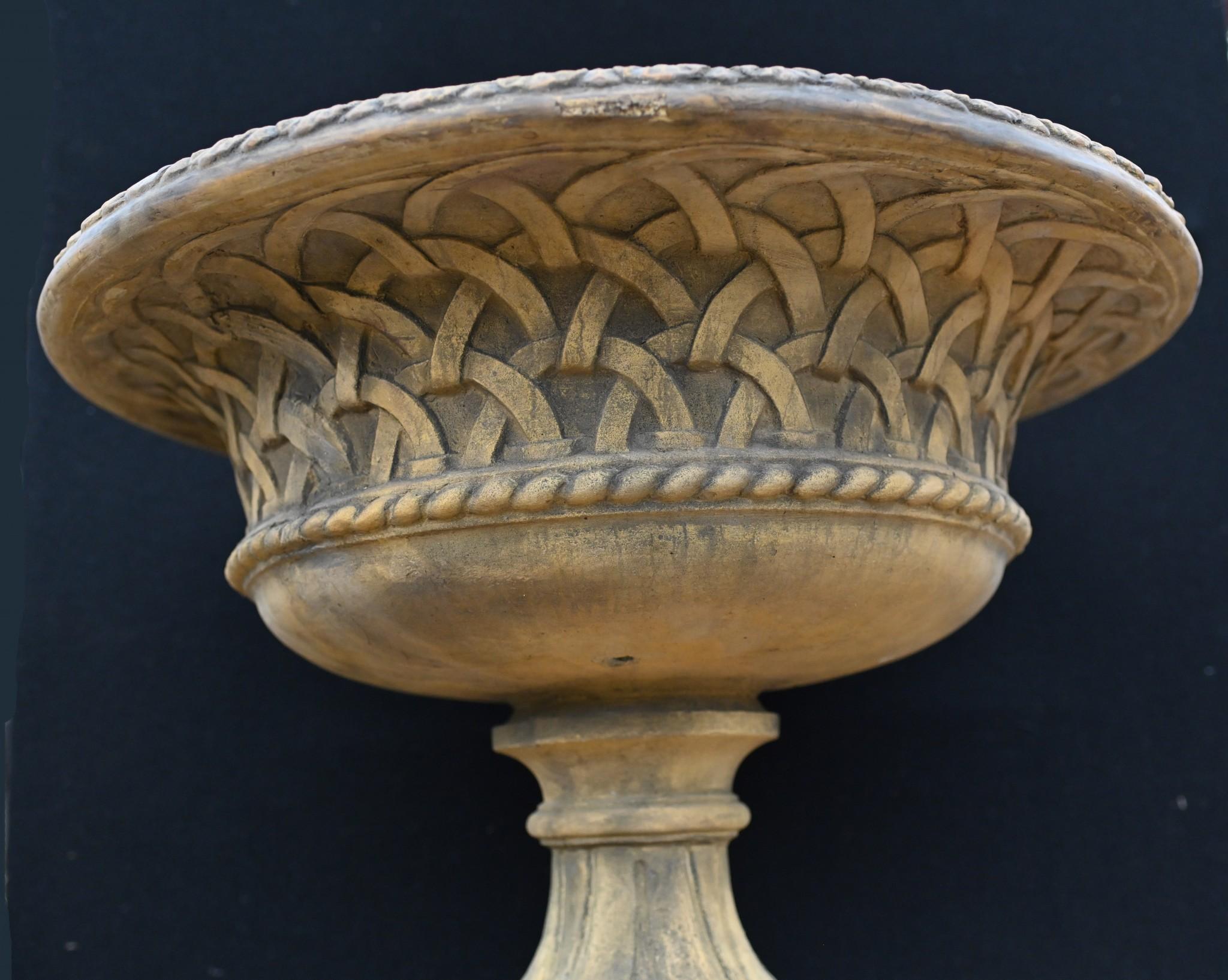 Pair Terracotta Garden Urns Pedestal - Classical Celtic Gothic In Good Condition For Sale In Potters Bar, GB