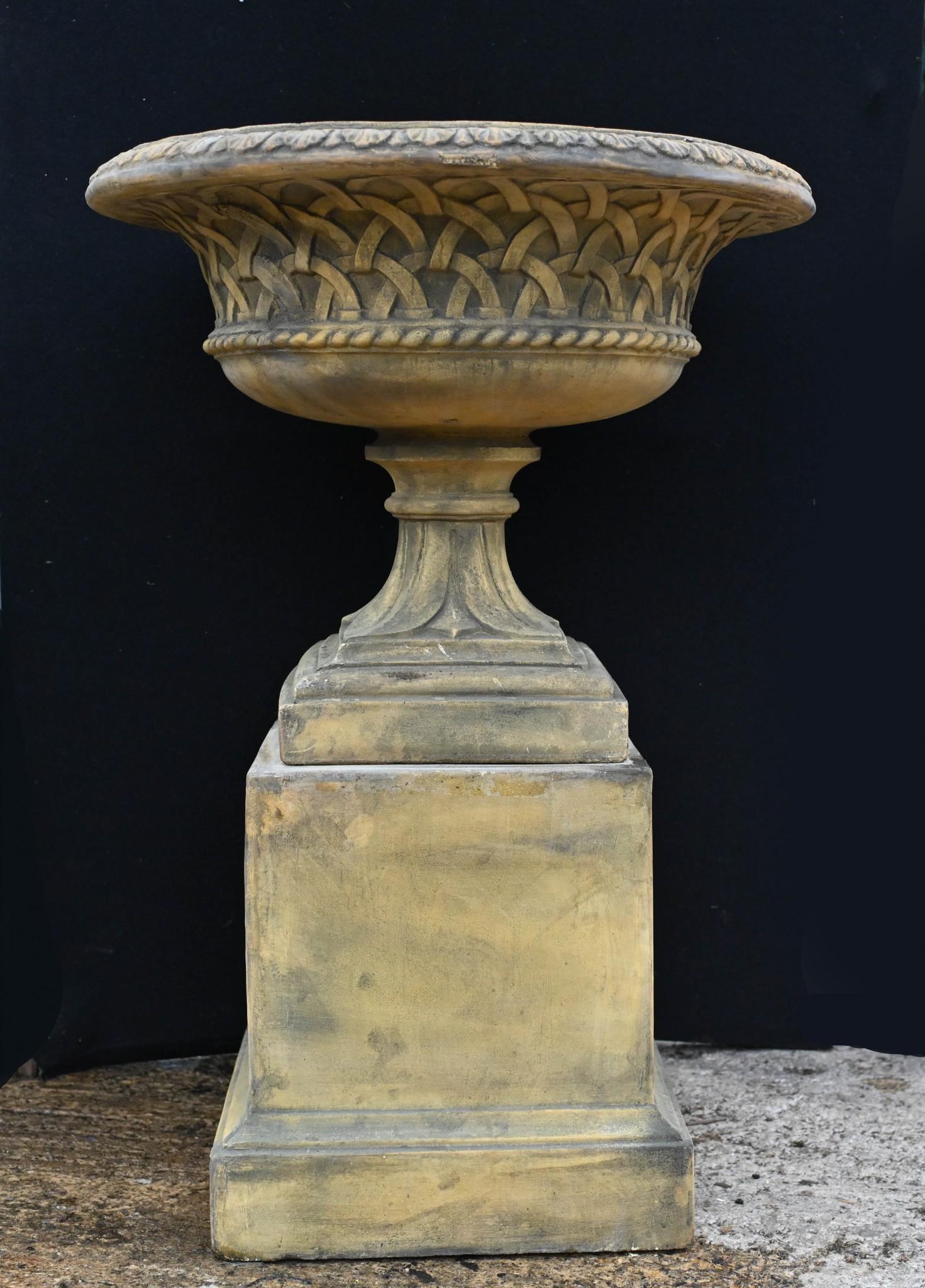Late 20th Century Pair Terracotta Garden Urns Pedestal - Classical Celtic Gothic For Sale