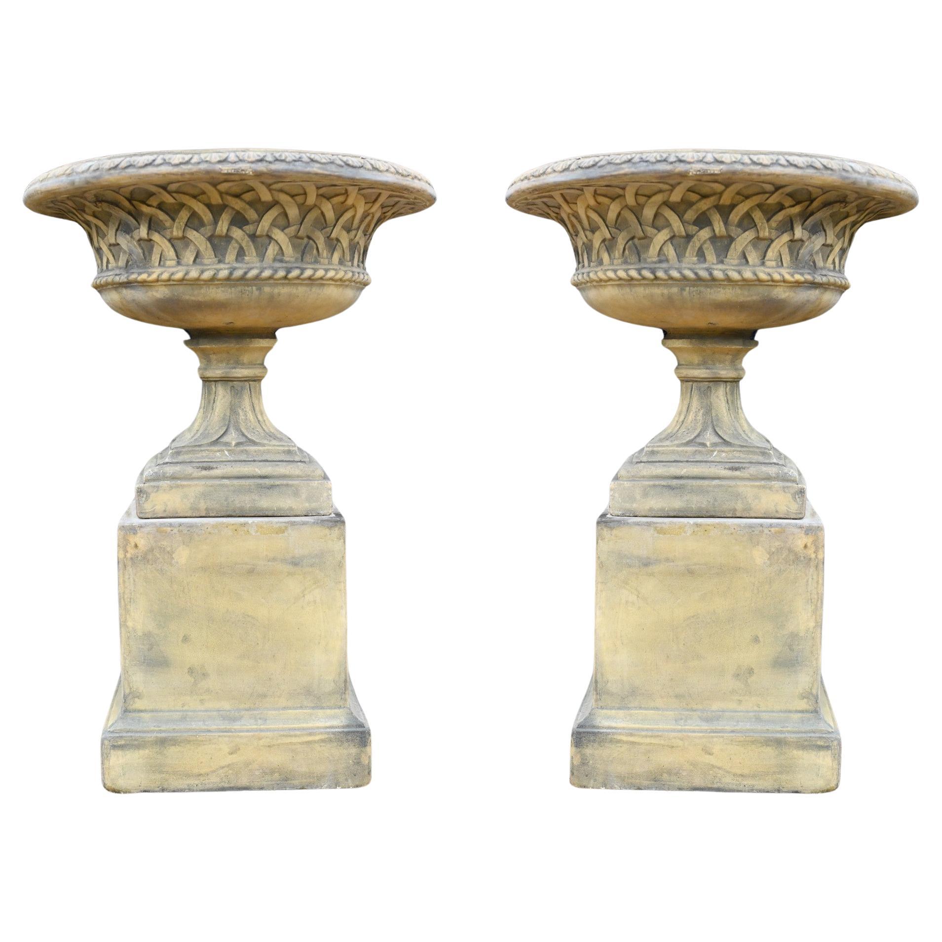 Pair Terracotta Garden Urns Pedestal - Classical Celtic Gothic For Sale