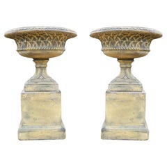 Vintage Pair Terracotta Garden Urns Pedestal - Classical Celtic Gothic