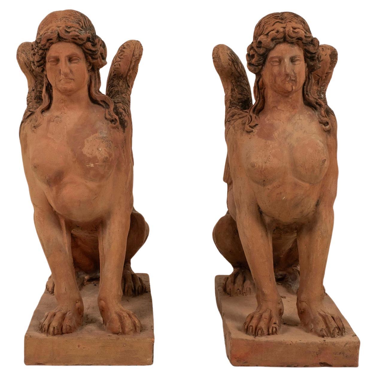 Pair Terracotta Greek Sphinx Sculptures, Early 20th Century For Sale