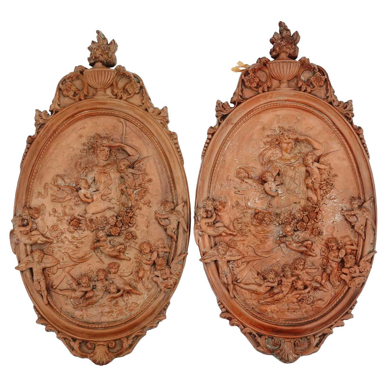 Pair Terracotta Neoclassical Bas-Relief Plaques Depicting Goddess and Angels For Sale