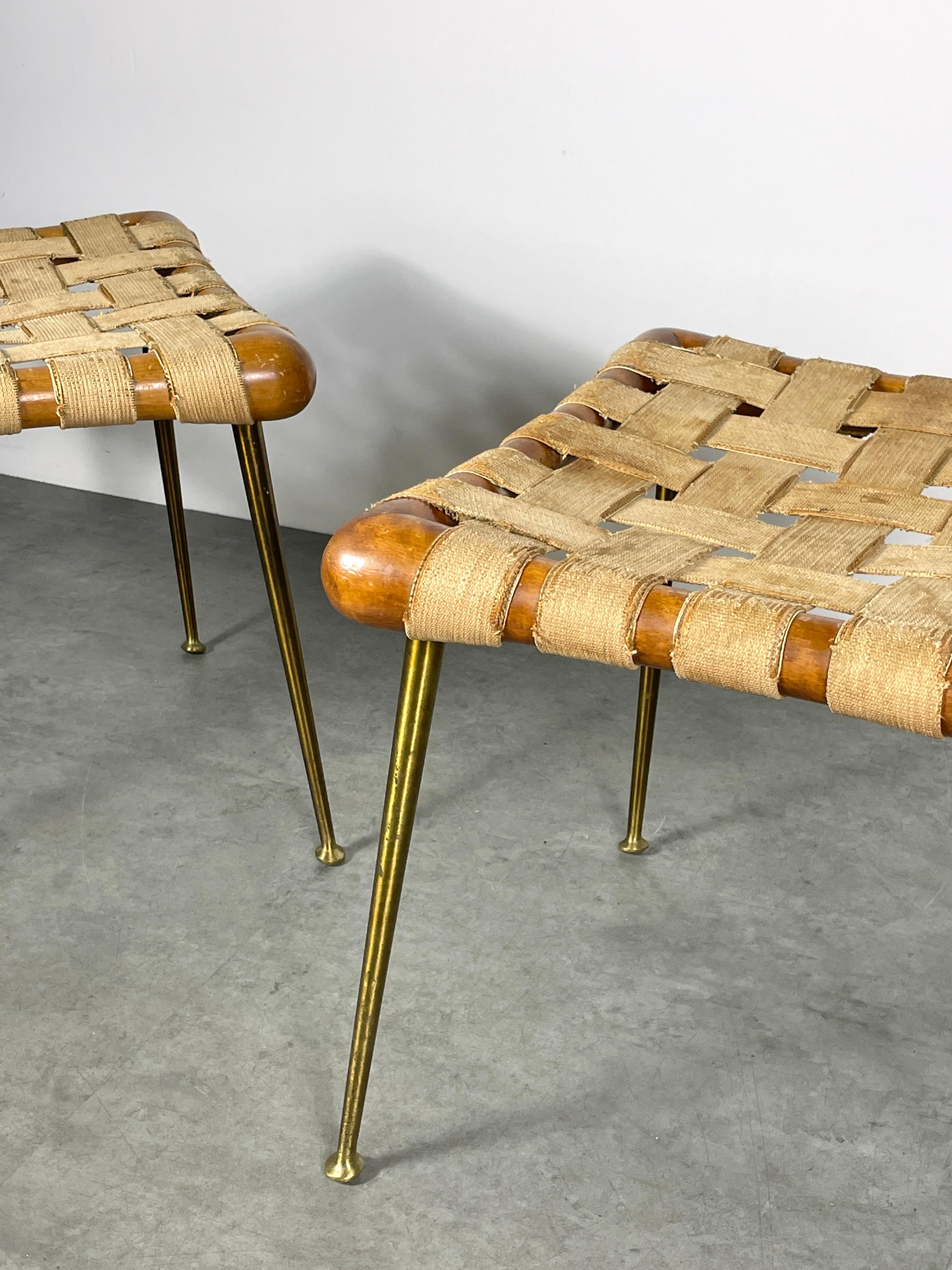Pair TH Robsjohn Gibbings Brass Leg Webbed Stools Strap Benches 1950s 4