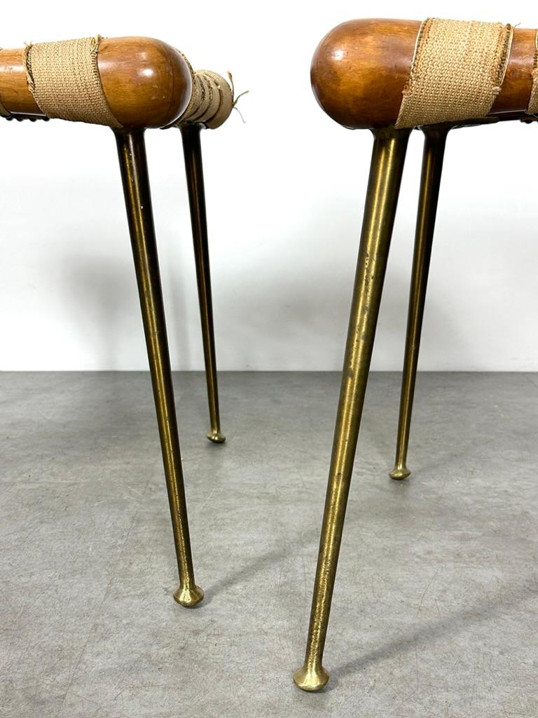 Pair TH Robsjohn Gibbings Brass Leg Webbed Stools Strap Benches 1950s 6