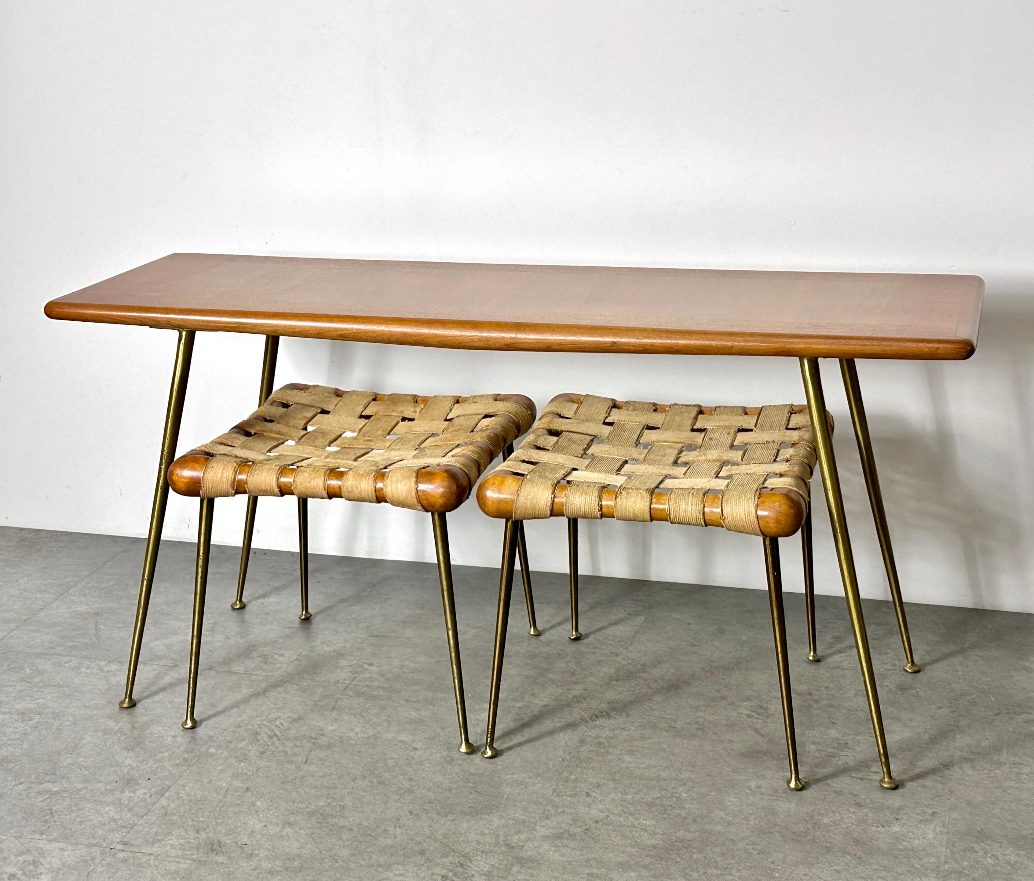 Pair TH Robsjohn Gibbings Brass Leg Webbed Stools Strap Benches 1950s 8