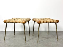 Pair TH Robsjohn Gibbings Brass Leg Webbed Stools Strap Benches 1950s