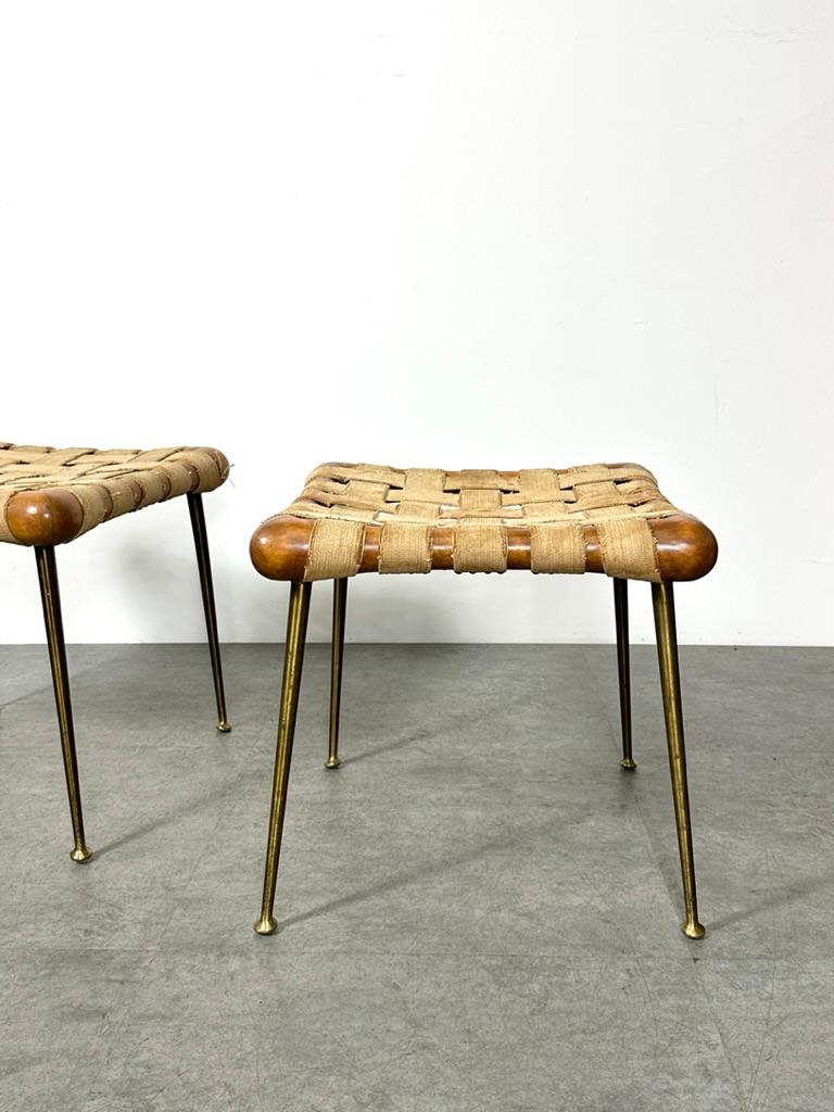 Mid-Century Modern Pair TH Robsjohn Gibbings Brass Leg Webbed Stools Strap Benches 1950s For Sale