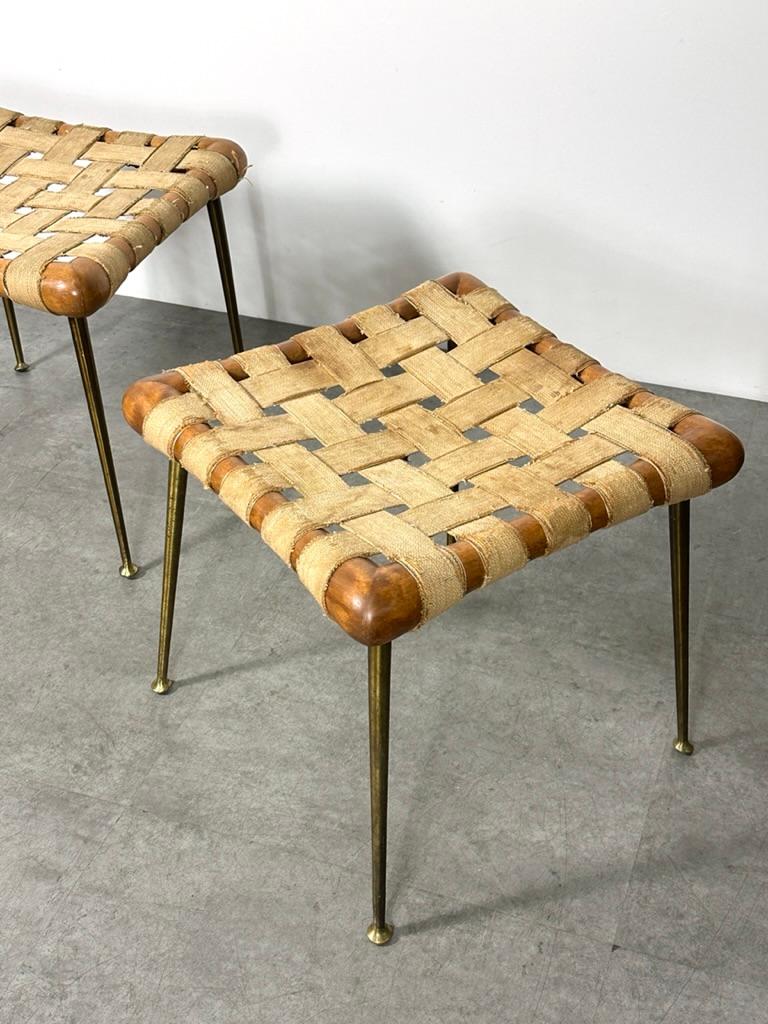 American Pair TH Robsjohn Gibbings Brass Leg Webbed Stools Strap Benches 1950s