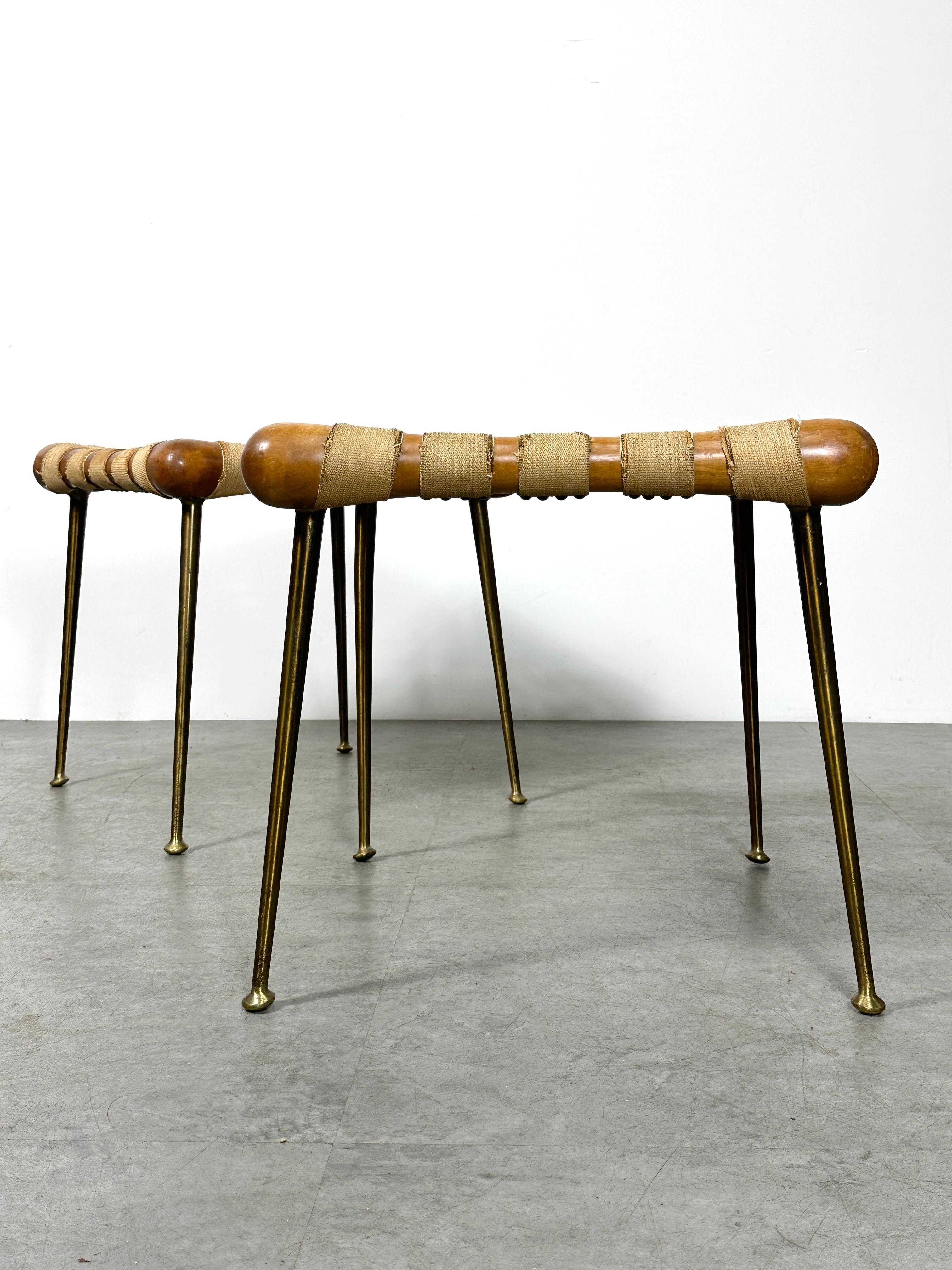 Pair TH Robsjohn Gibbings Brass Leg Webbed Stools Strap Benches 1950s In Good Condition In Troy, MI
