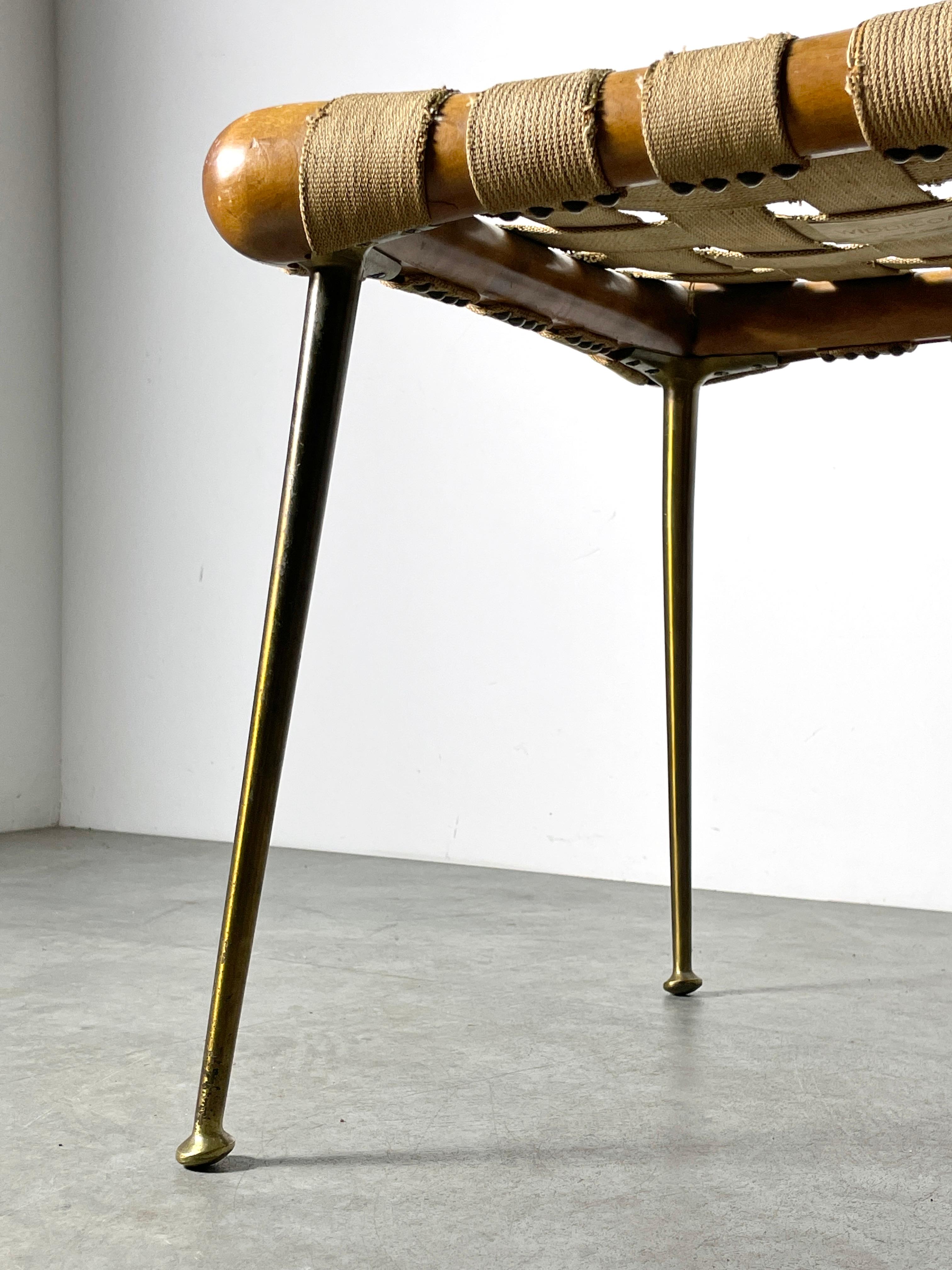 Pair TH Robsjohn Gibbings Brass Leg Webbed Stools Strap Benches 1950s 1