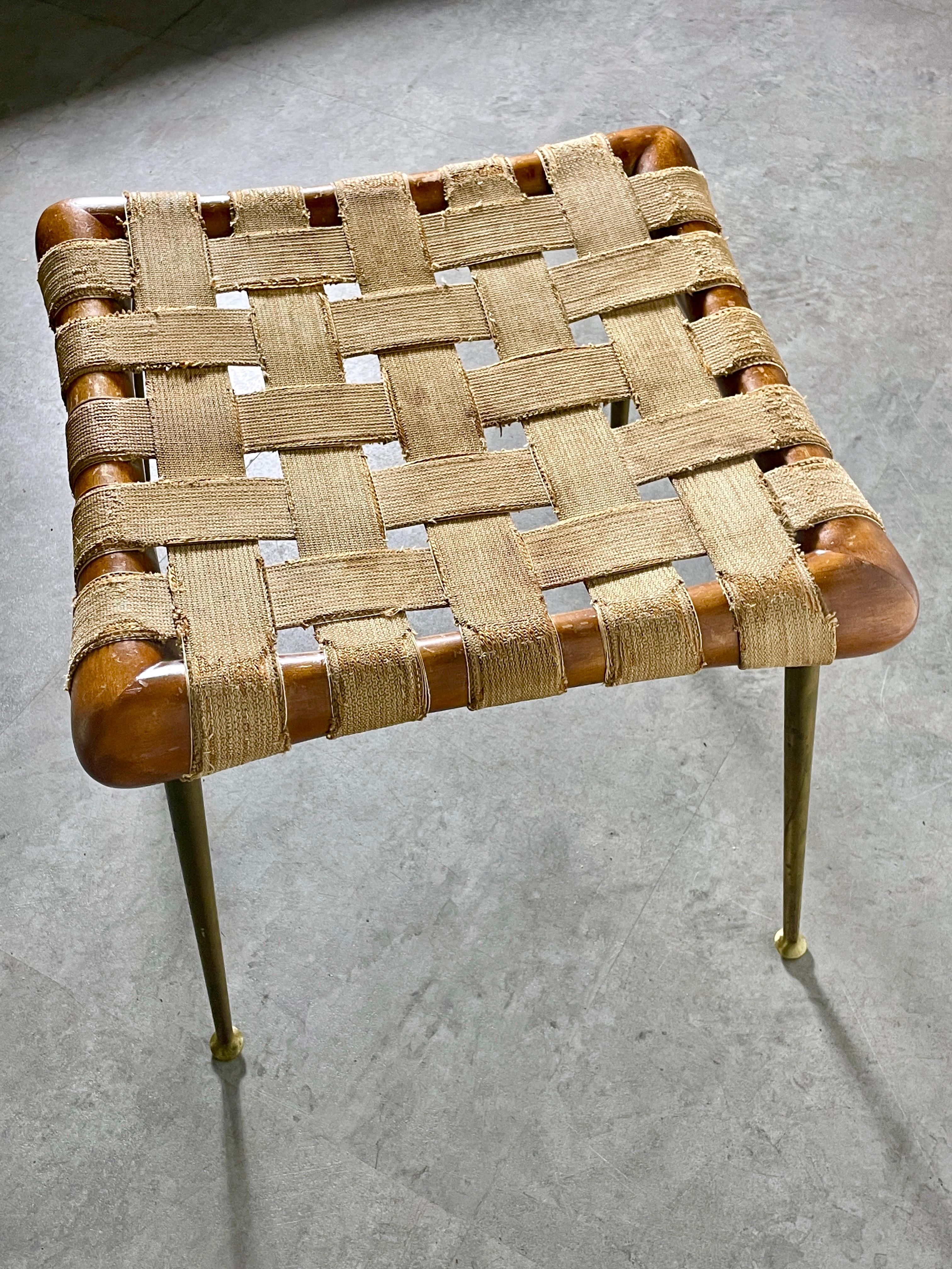 Pair TH Robsjohn Gibbings Brass Leg Webbed Stools Strap Benches 1950s For Sale 2