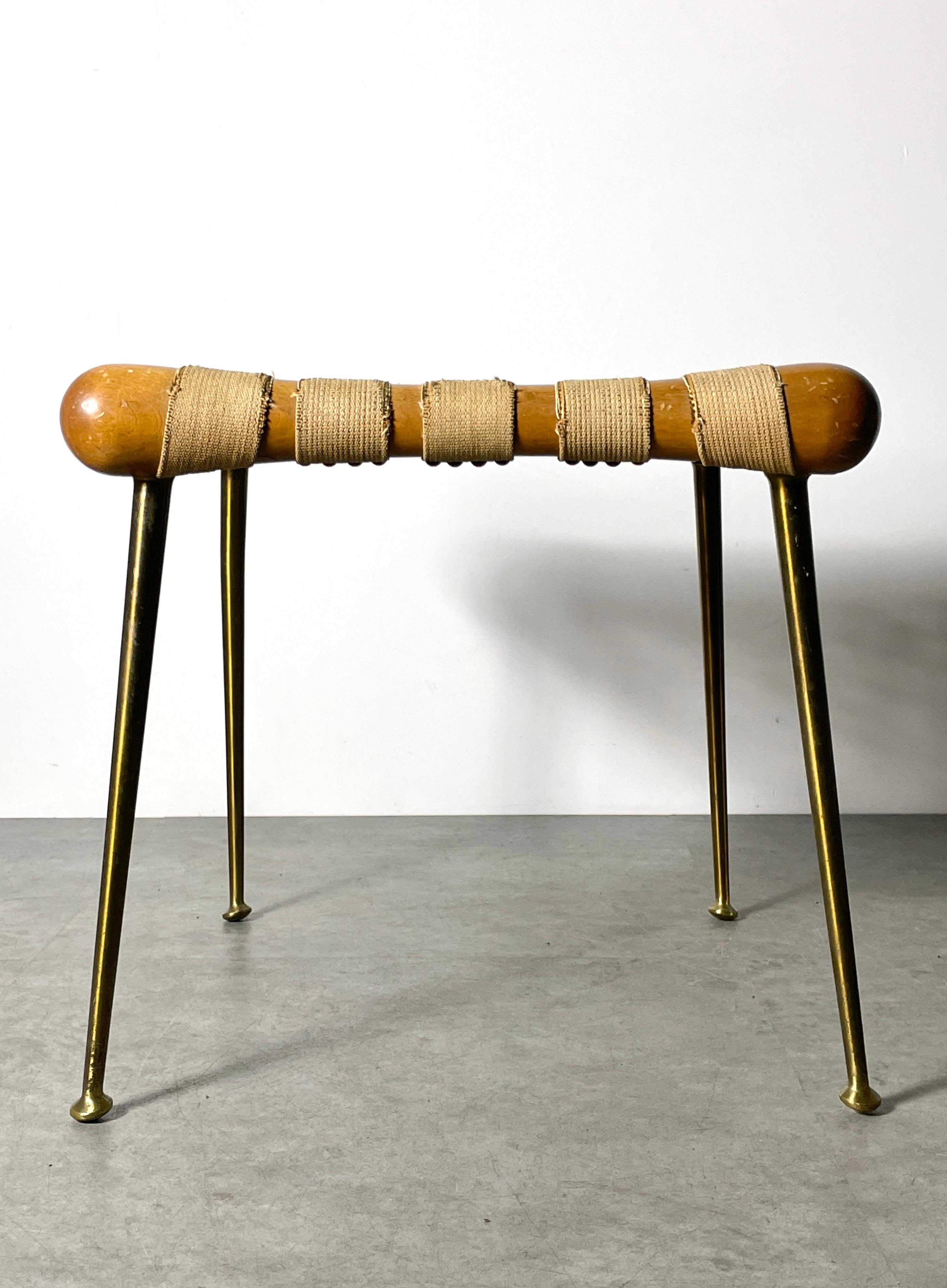 Pair TH Robsjohn Gibbings Brass Leg Webbed Stools Strap Benches 1950s 3