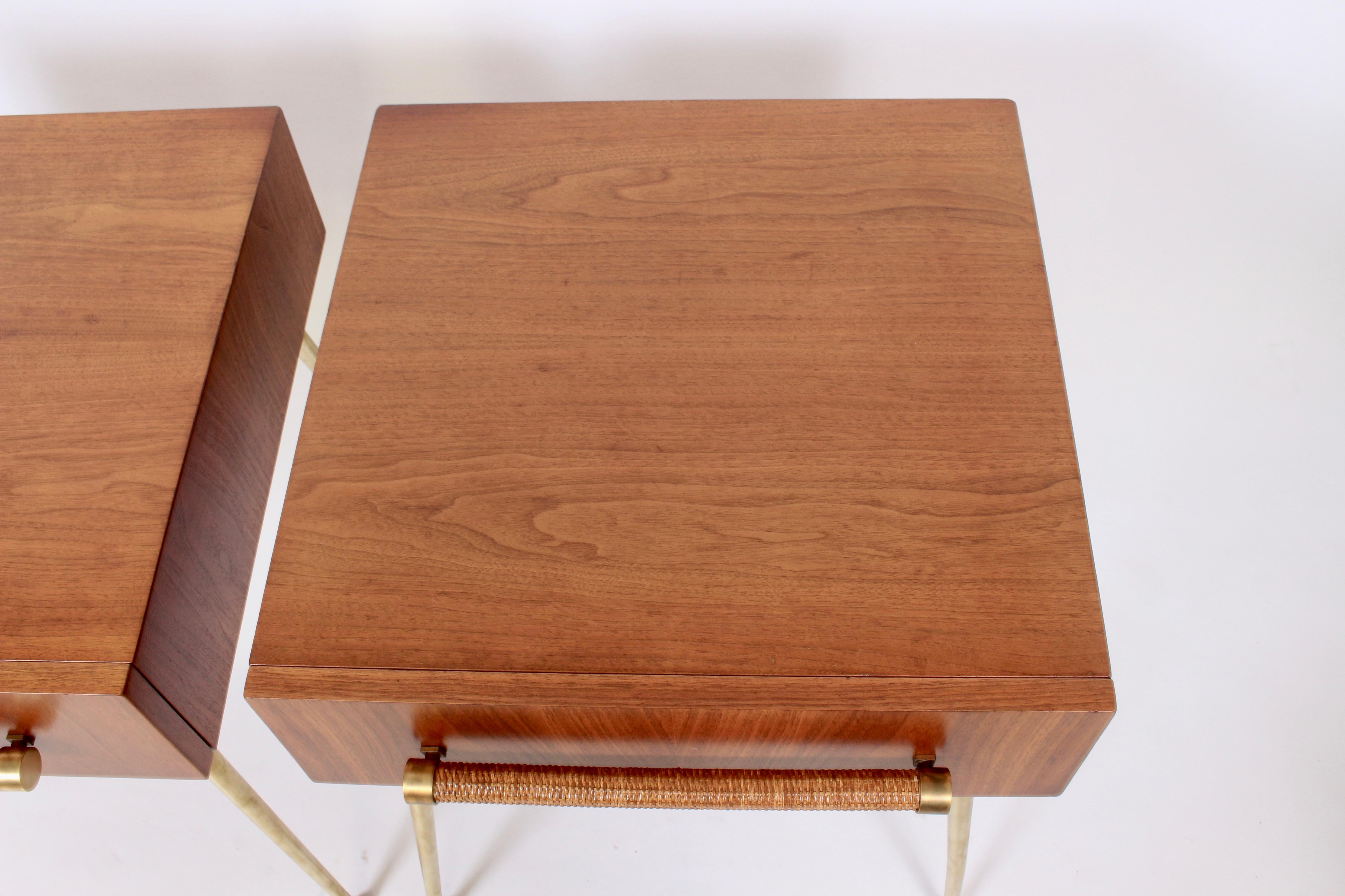 Mid-20th Century Pair of T.H. Robsjohn-Gibbings for Widdicomb Walnut and Brass Nightstands