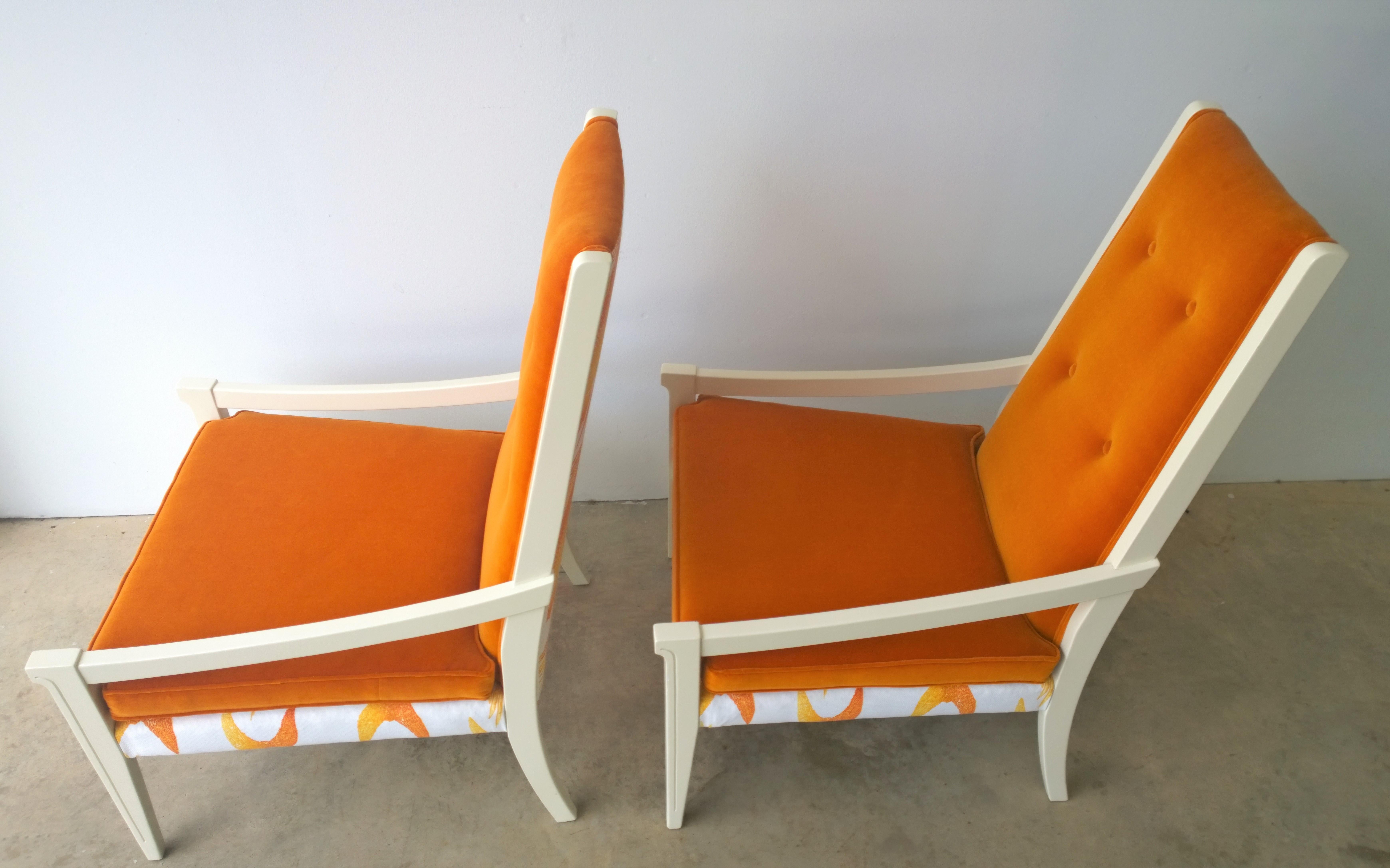 T.H. Robsjohn-Gibbings Style Orange Velvet & White Linen Arm Lounge Chairs, Pair In Good Condition For Sale In Houston, TX