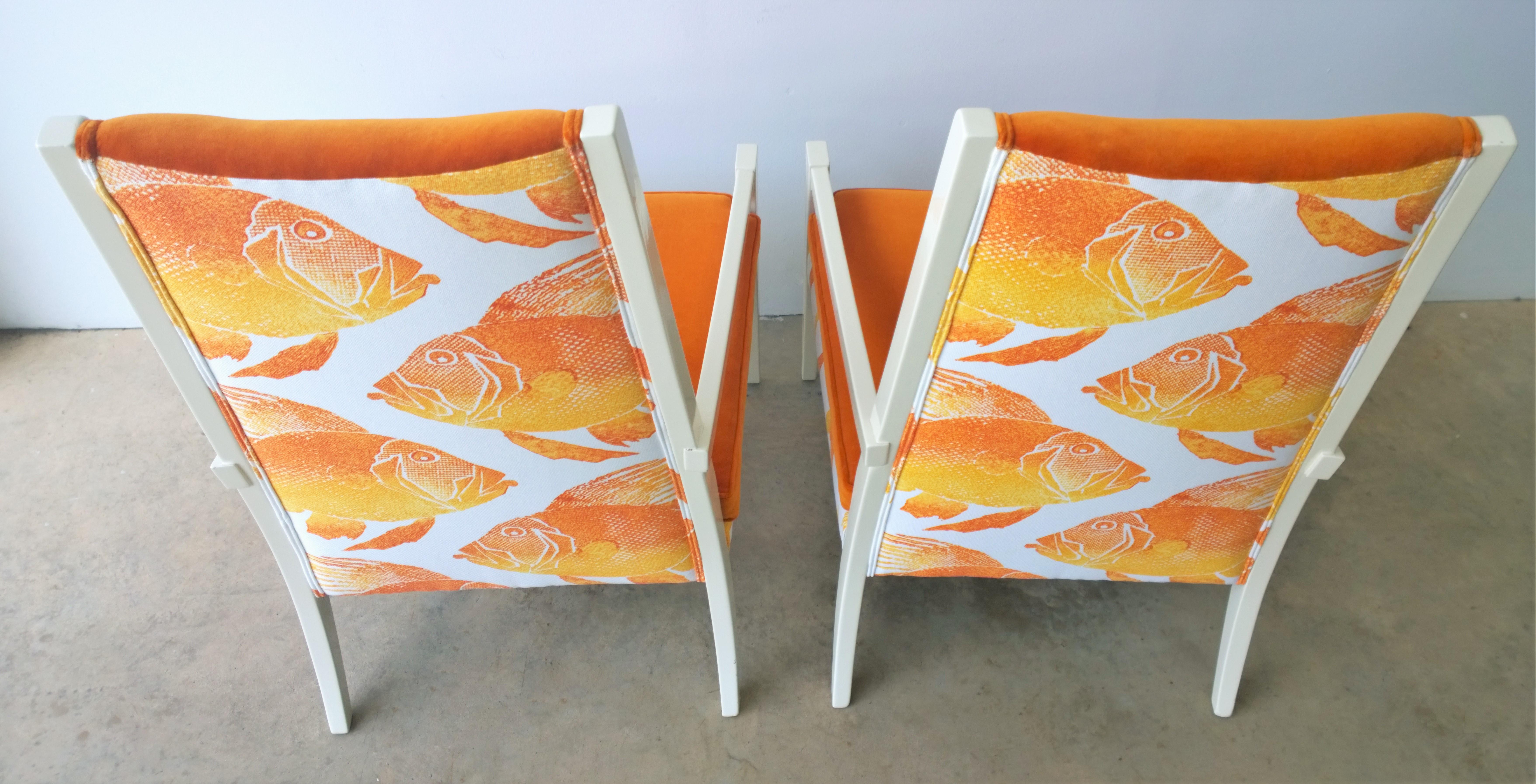 20th Century T.H. Robsjohn-Gibbings Style Orange Velvet & White Linen Arm Lounge Chairs, Pair For Sale