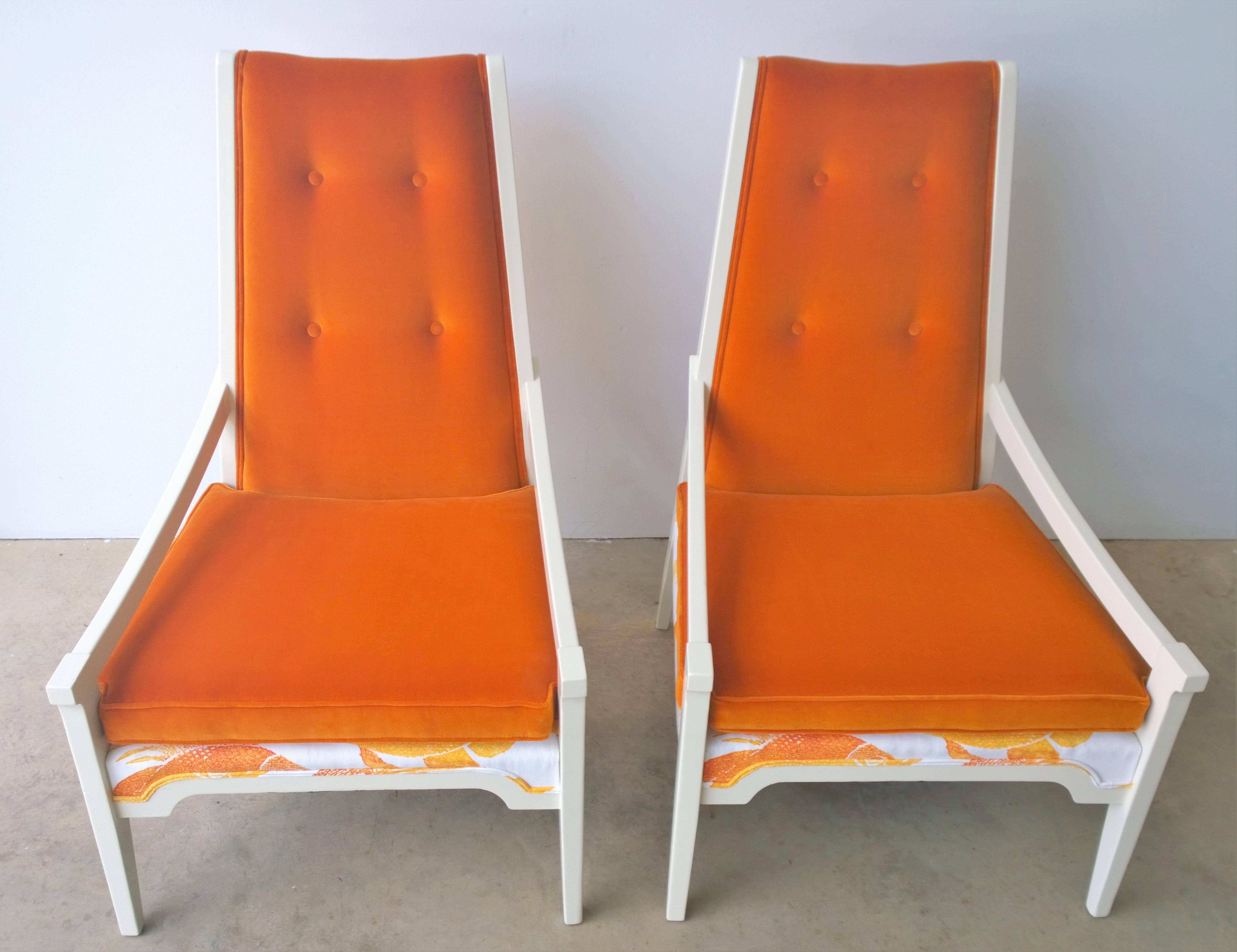 Wood T.H. Robsjohn-Gibbings Style Orange Velvet & White Linen Arm Lounge Chairs, Pair For Sale