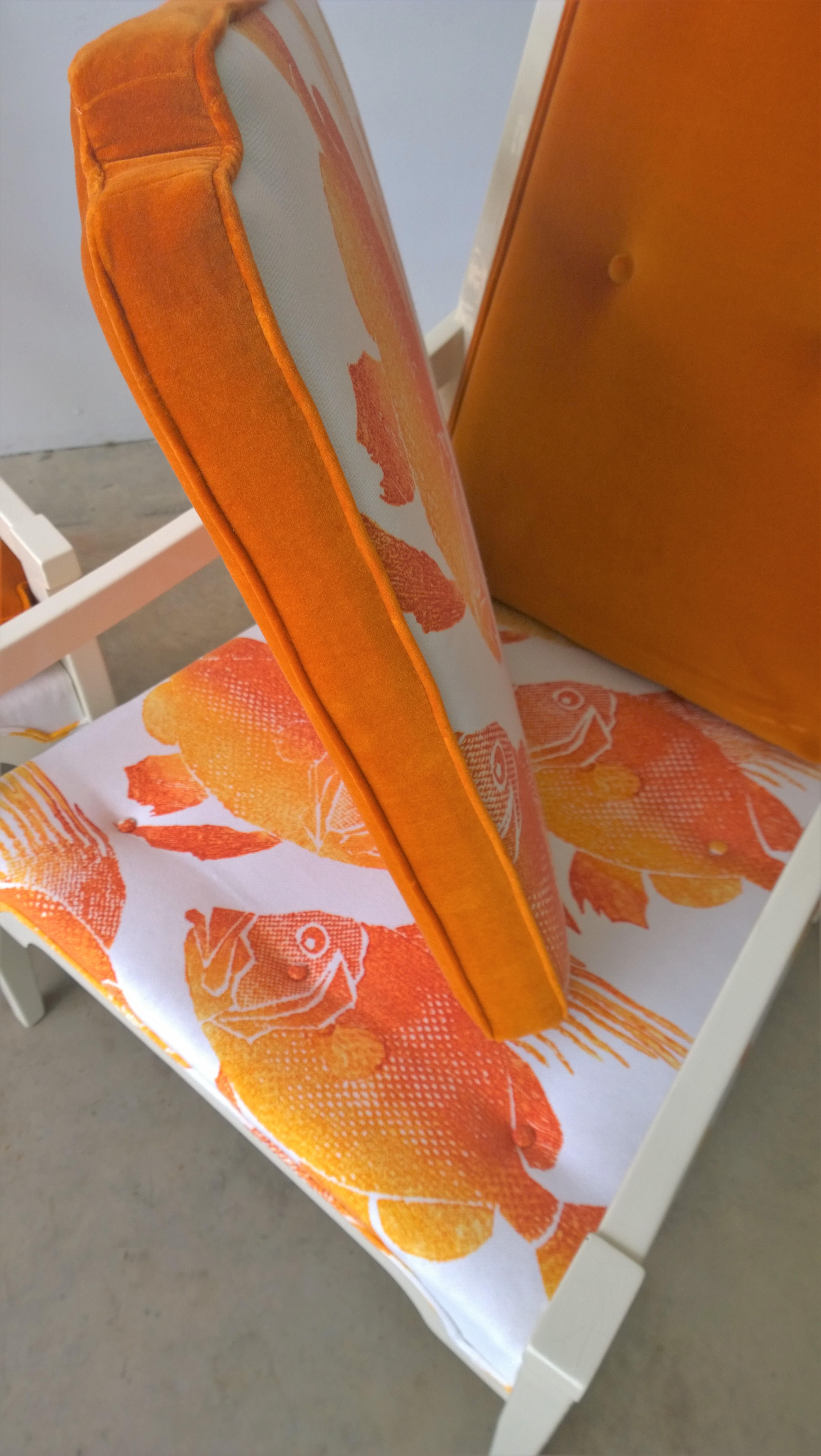 T.H. Robsjohn-Gibbings Style Orange Velvet & White Linen Arm Lounge Chairs, Pair For Sale 3