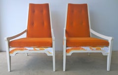 T.H. Robsjohn-Gibbings Style Orange Velvet & White Linen Arm Lounge Chairs, Pair