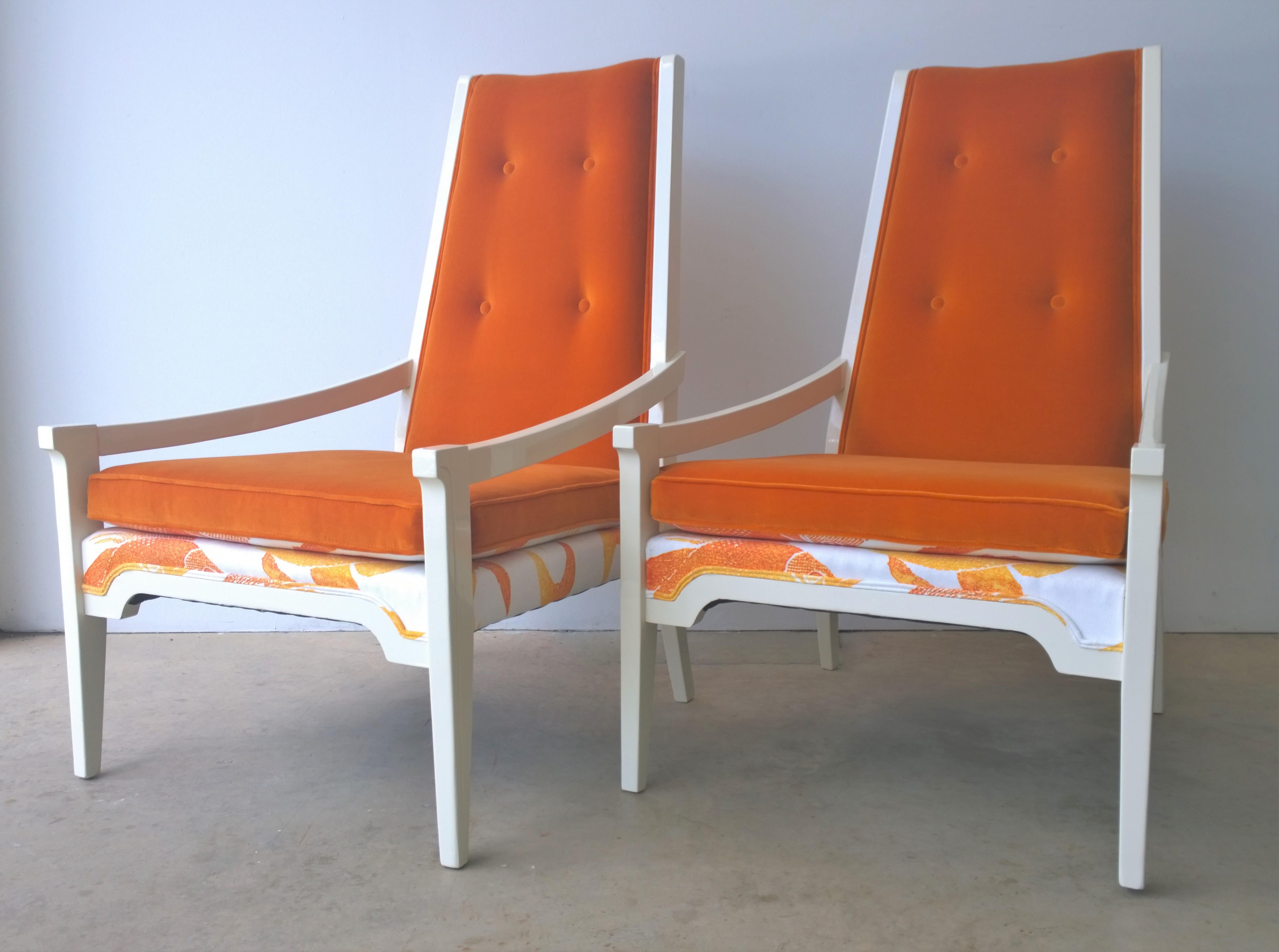 Mid-Century Modern T.H. Robsjohn-Gibbings Style Orange Velvet & White Linen Arm Lounge Chairs, Pair For Sale