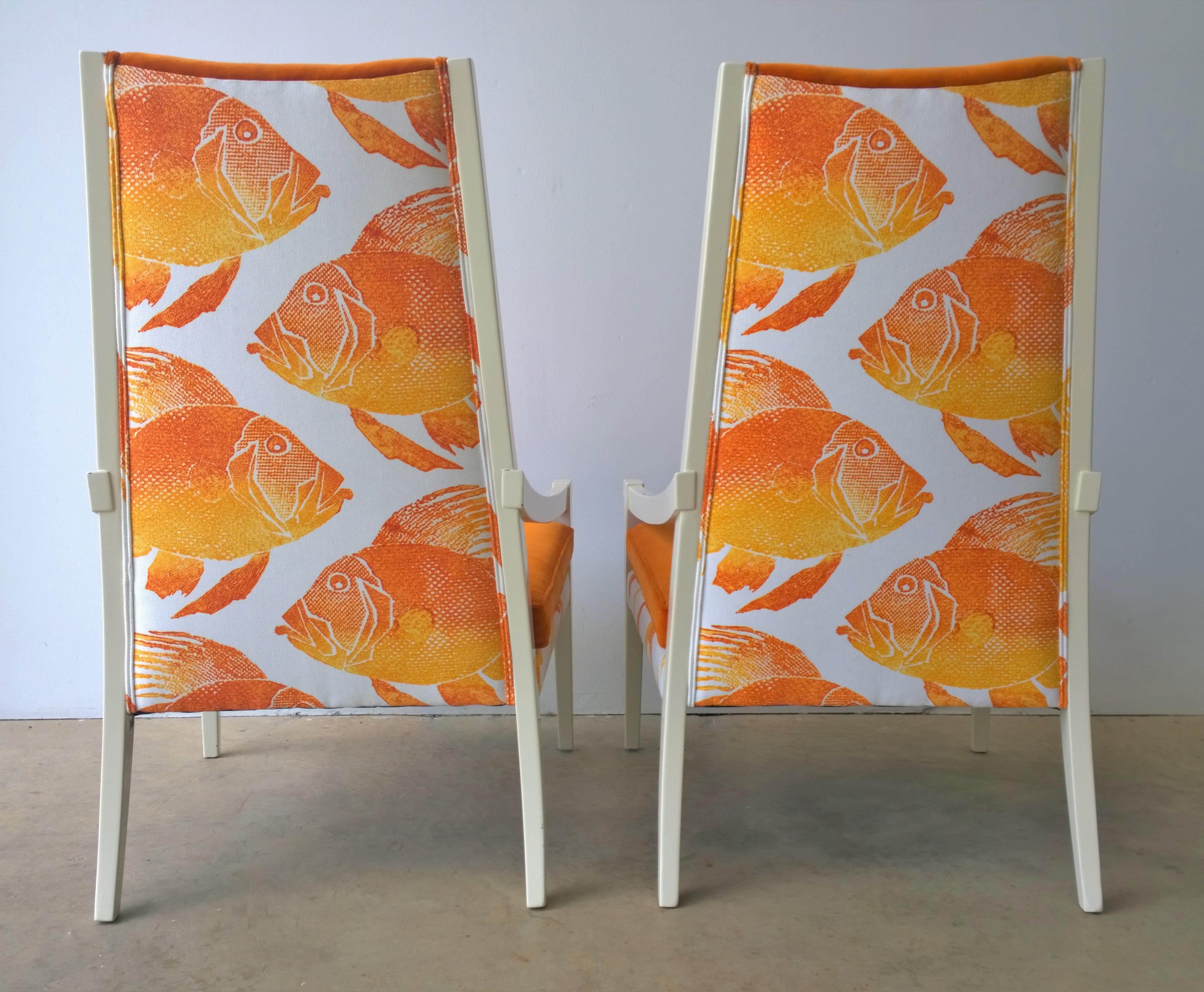 American T.H. Robsjohn-Gibbings Style Orange Velvet & White Linen Arm Lounge Chairs, Pair For Sale