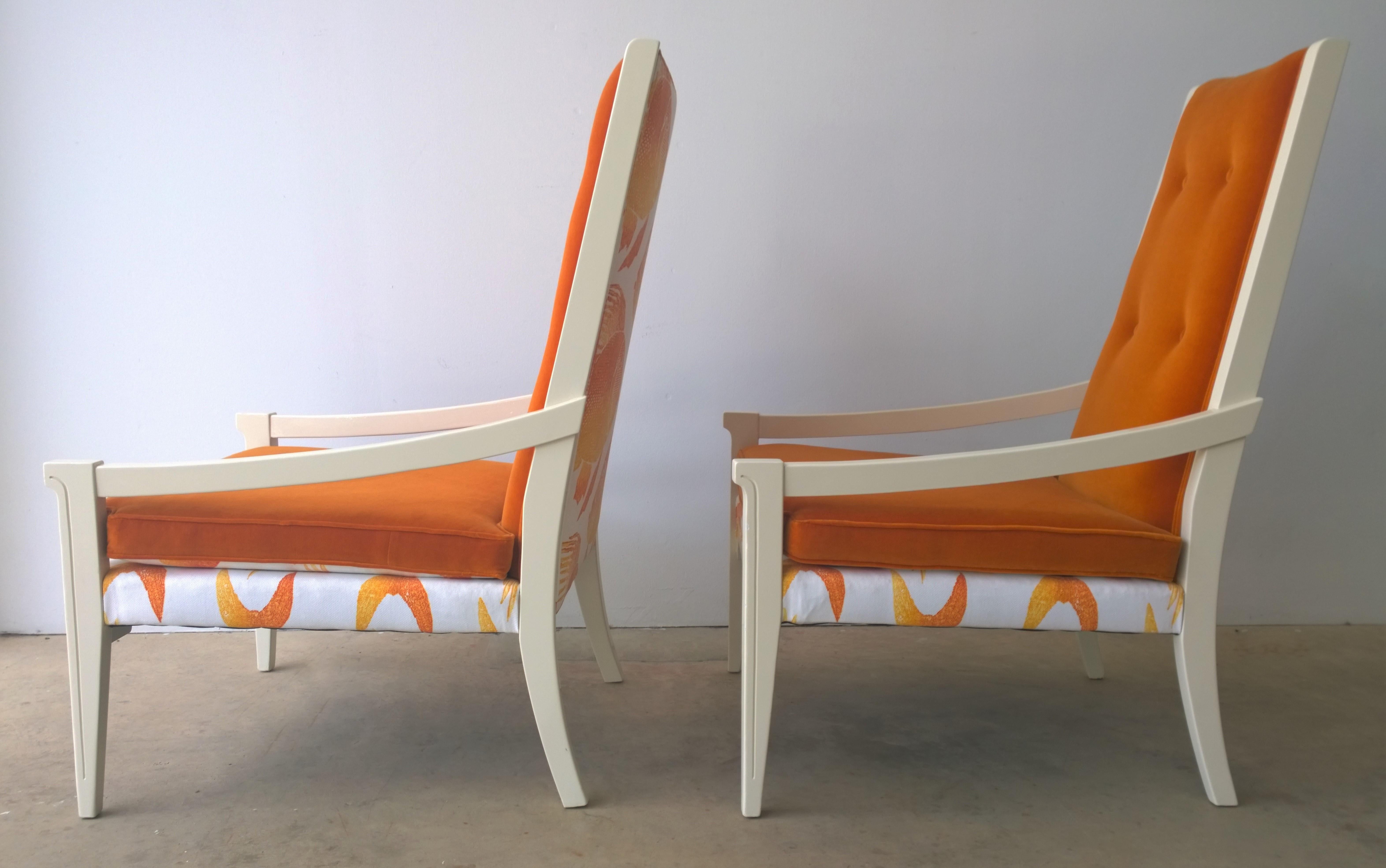 Lacquered T.H. Robsjohn-Gibbings Style Orange Velvet & White Linen Arm Lounge Chairs, Pair For Sale
