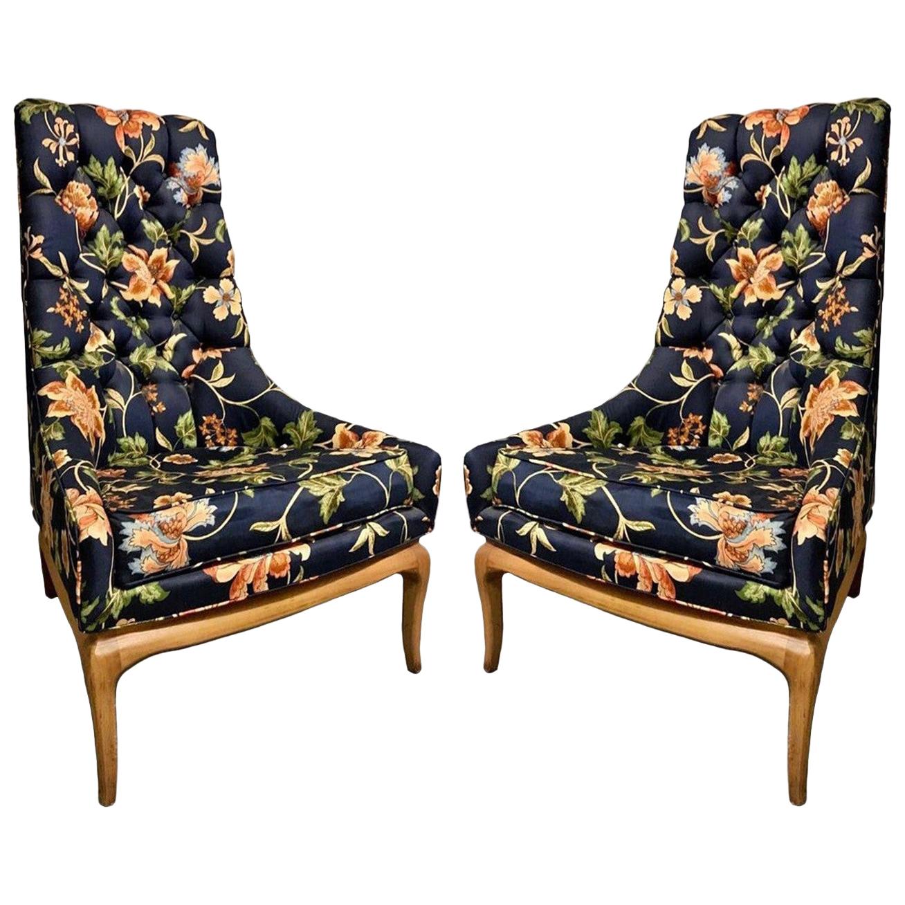 Pair of T.H. Robsjohn-Gibbings Tufted High Back Chairs for Widdicomb