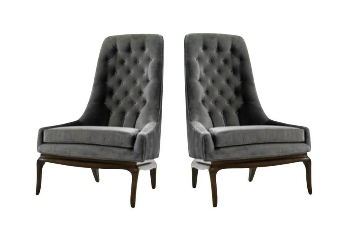 American Pair T.H. Robsjohn-Gibbings Tufted High Back & Ebonized Chairs for Widdicomb For Sale