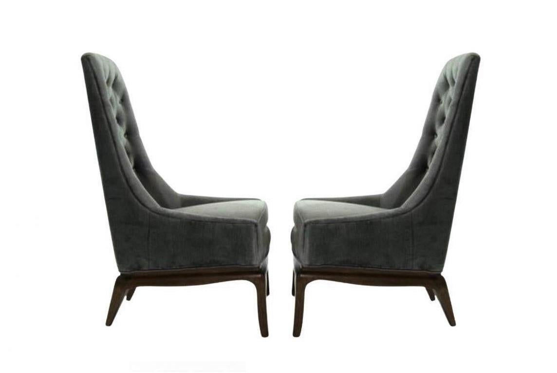 Pair T.H. Robsjohn-Gibbings Tufted High Back & Ebonized Chairs for Widdicomb In Excellent Condition For Sale In Dallas, TX