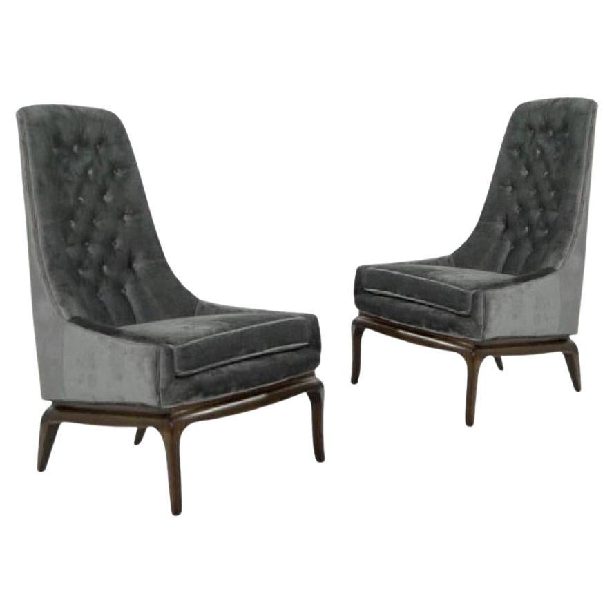 Pair T.H. Robsjohn-Gibbings Tufted High Back & Ebonized Chairs for Widdicomb