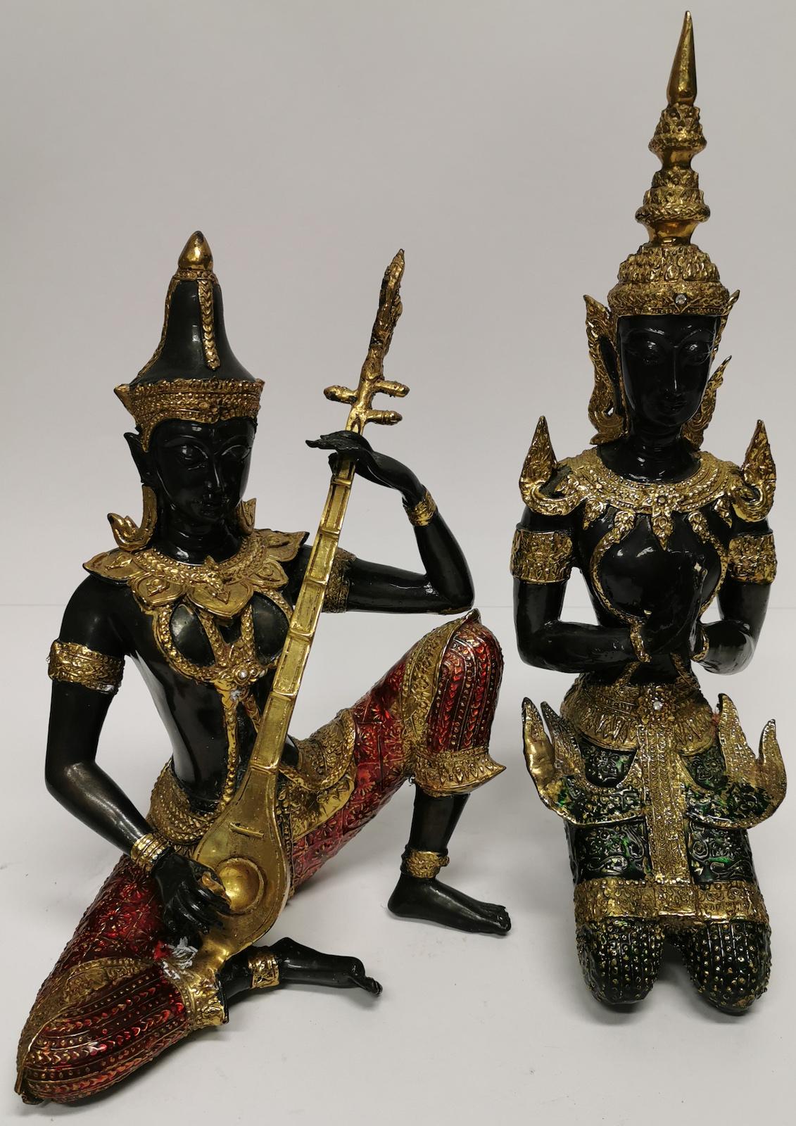 Cast Pair of Thai Enameled Brass Figures For Sale