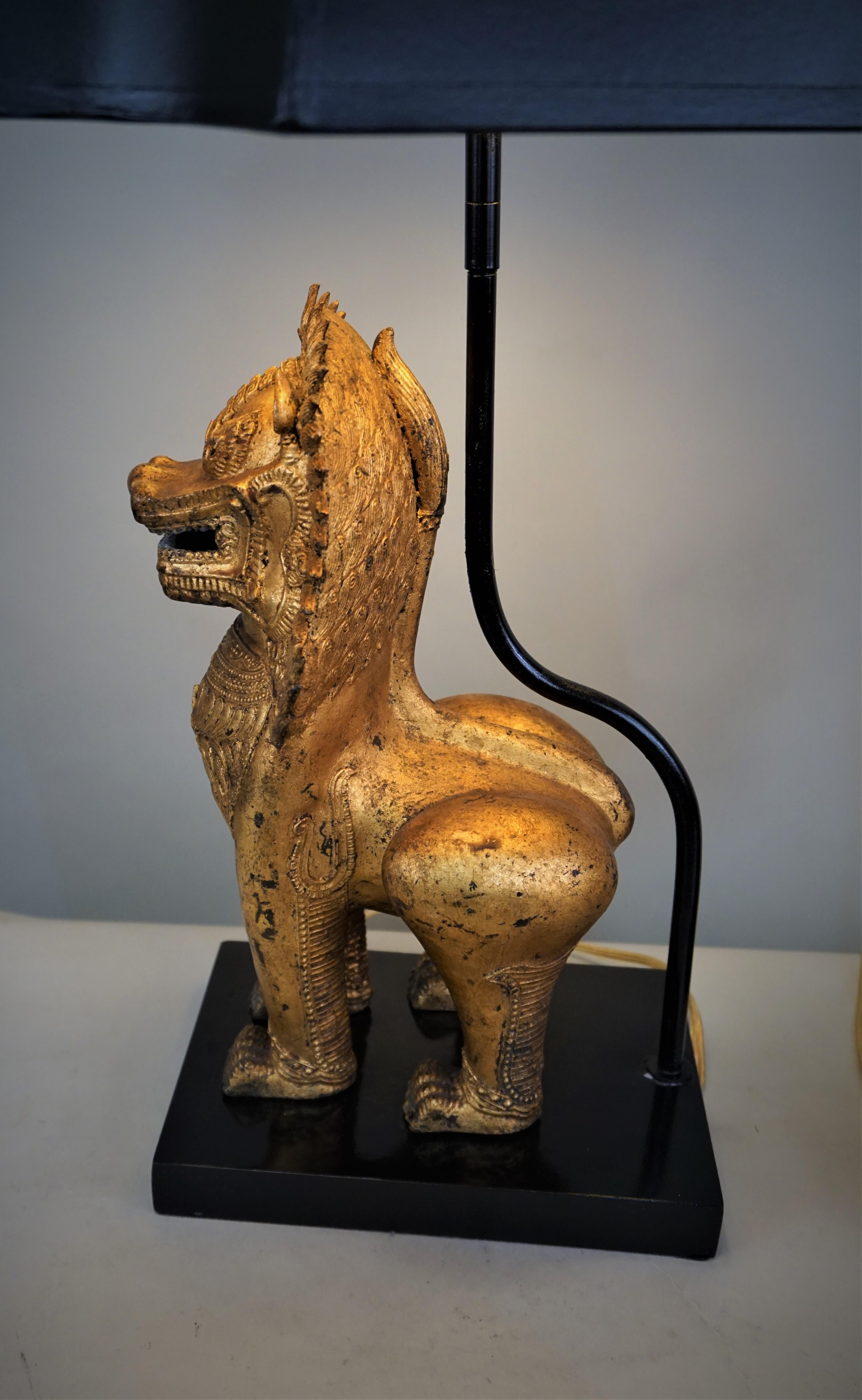 Mid-20th Century Pair of Thai Singha Lion Foo Dog Gilt Bronze Table Lamps
