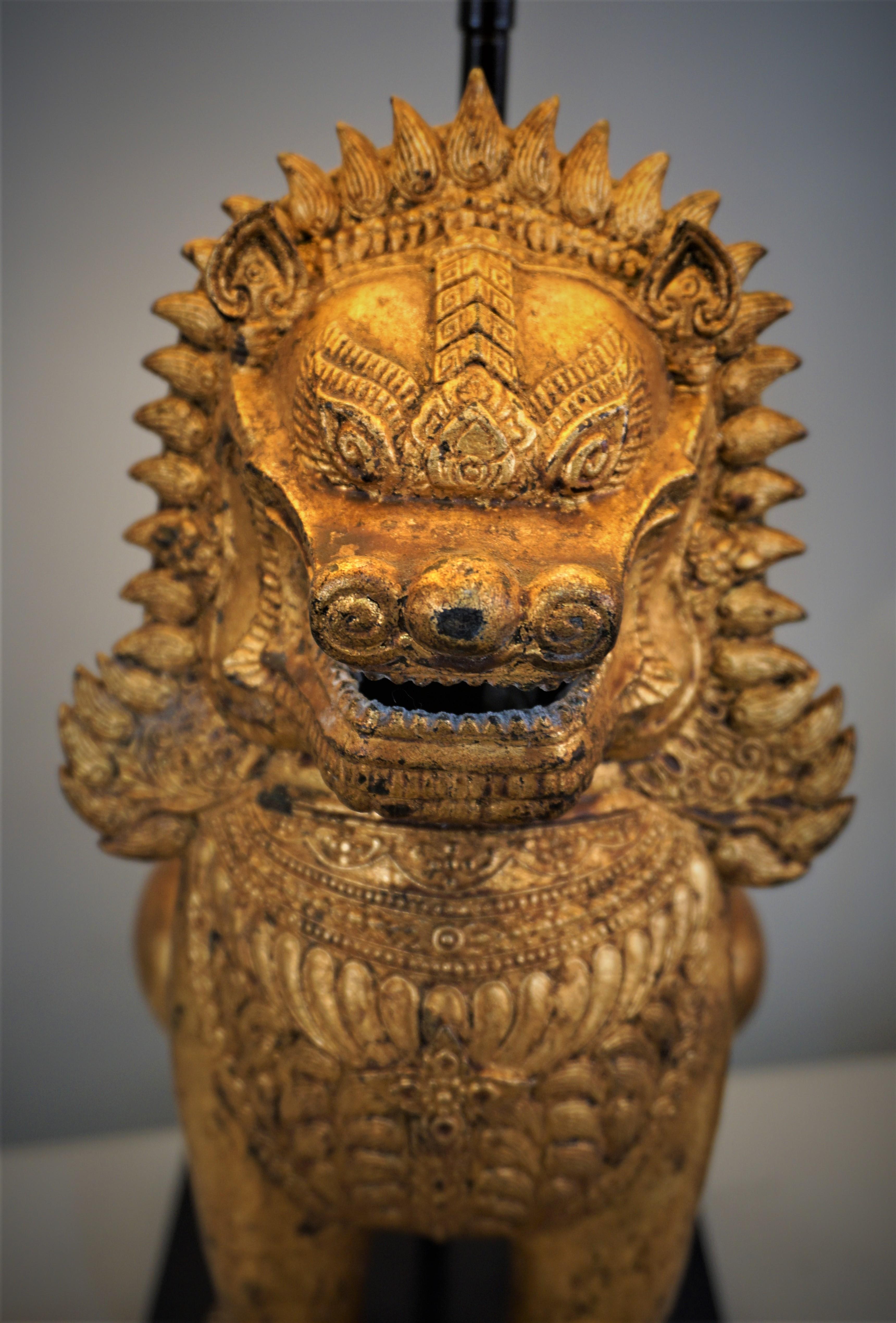 Pair of Thai Singha Lion Foo Dog Gilt Bronze Table Lamps 2