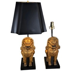 Pair of Thai Singha Lion Foo Dog Gilt Bronze Table Lamps