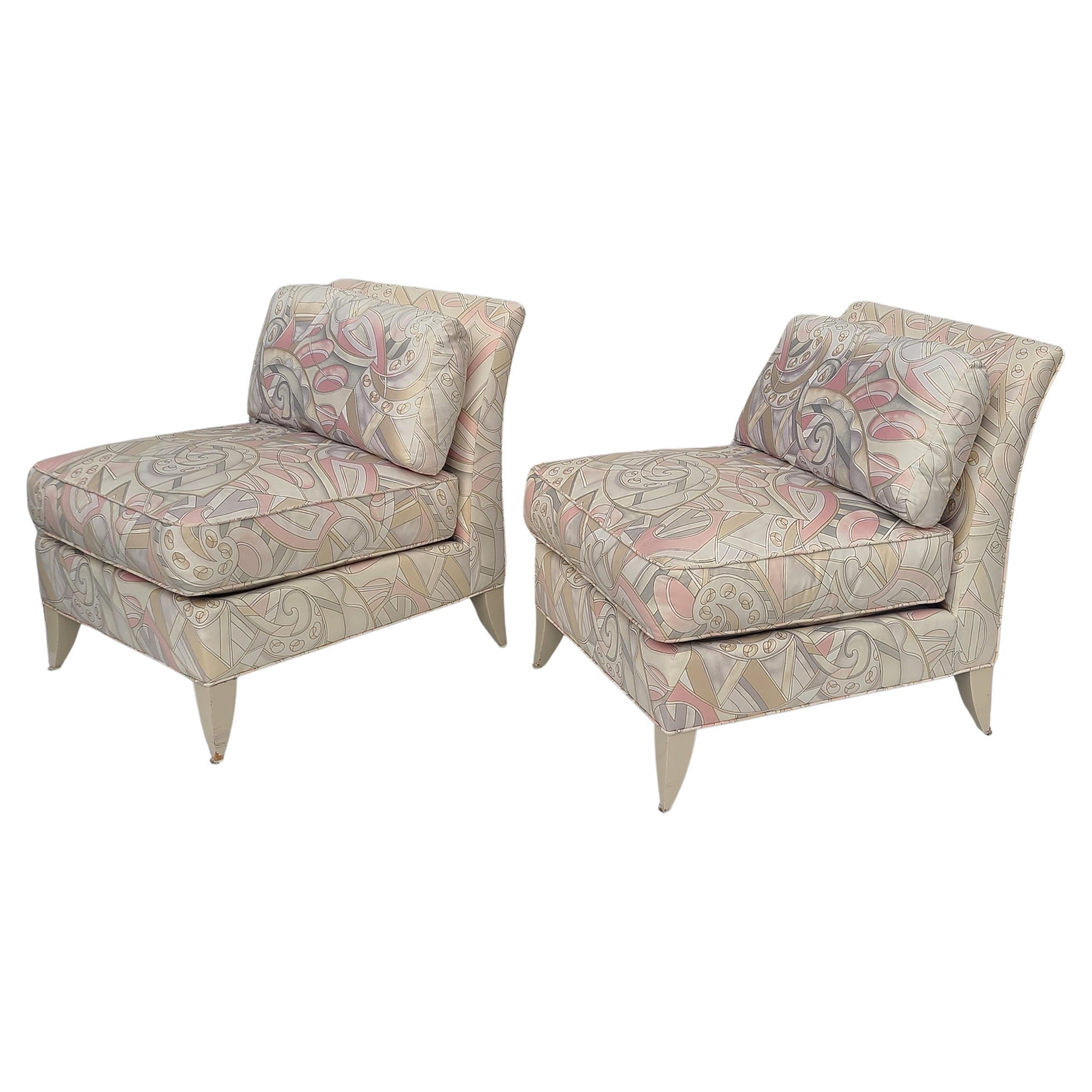 Please reach out for efficient shipping to your location.

Pair slipper lounge chairs by Thayer Coggin.