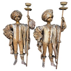 Pair Theatrical Middle Eastern Child Size Figures W/Gold Costumes Turban Torches