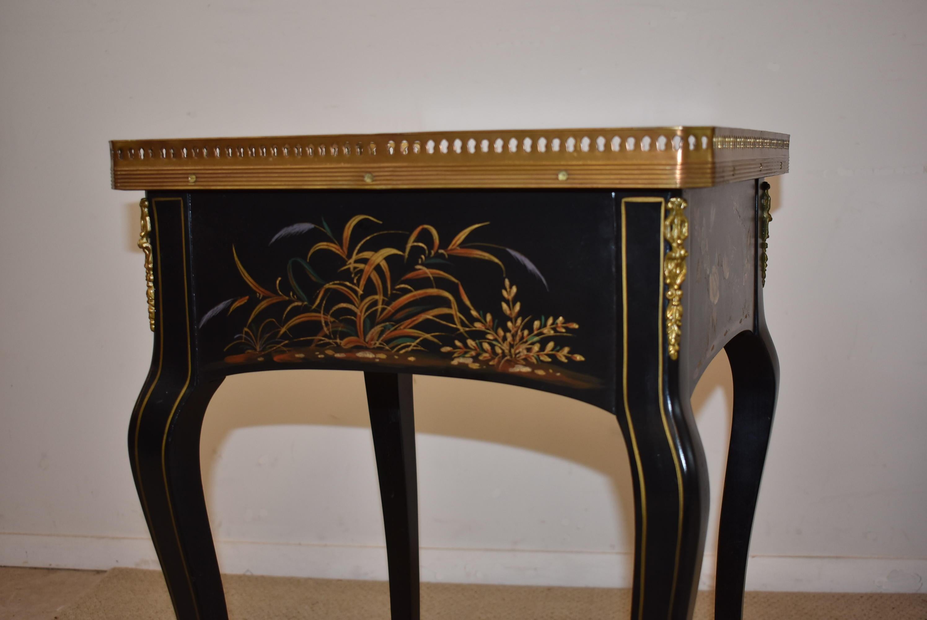 20th Century Theodore Alexander Black Lacquered French Empire Side Tables Hand Painted, Pair 