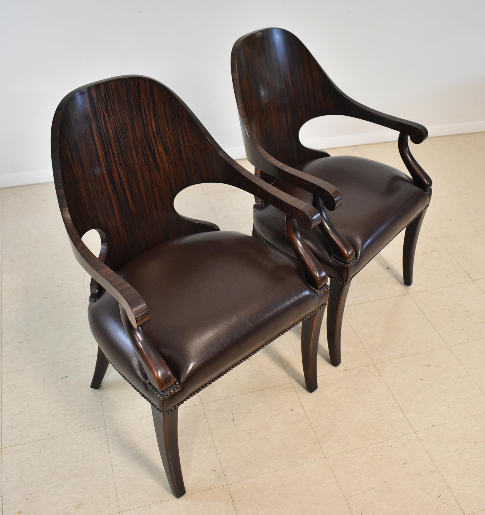 Pair Theodore Alexander Rosewood Leather Arm Chairs For Sale 6